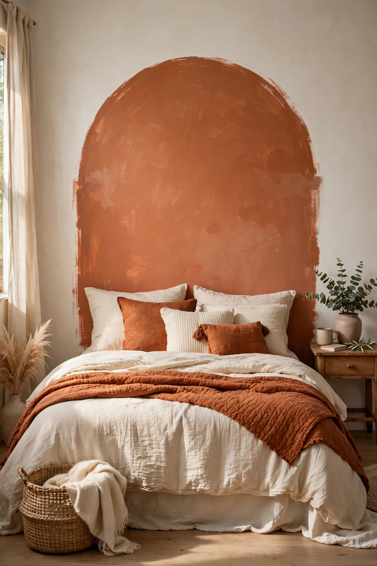 Bedroom with a hand-painted terracotta arch accent wall behind a bed with cream bedding