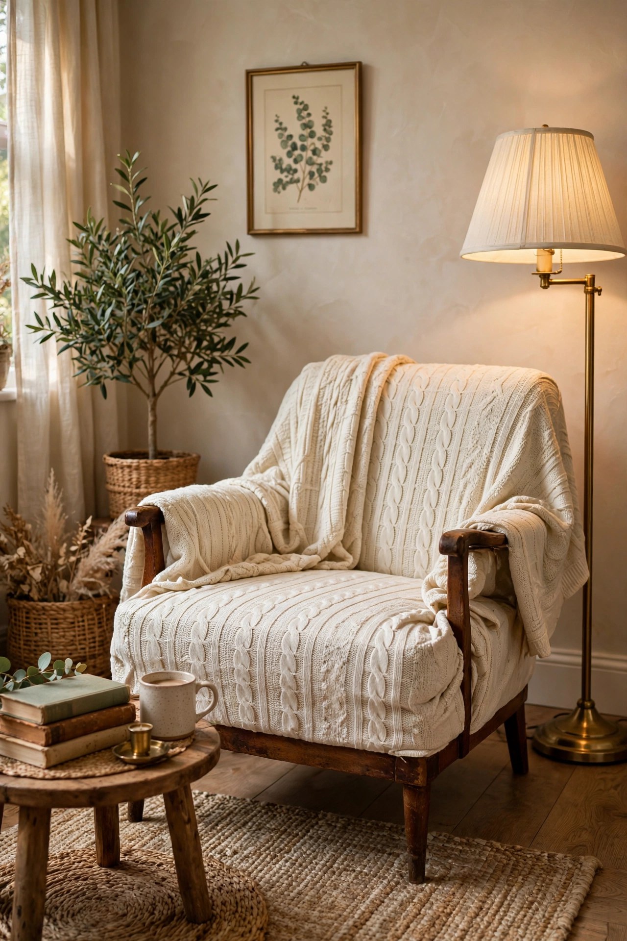 Thrifted armchair covered with a draped cream throw as a no-sew slipcover, styled in a cozy reading corner