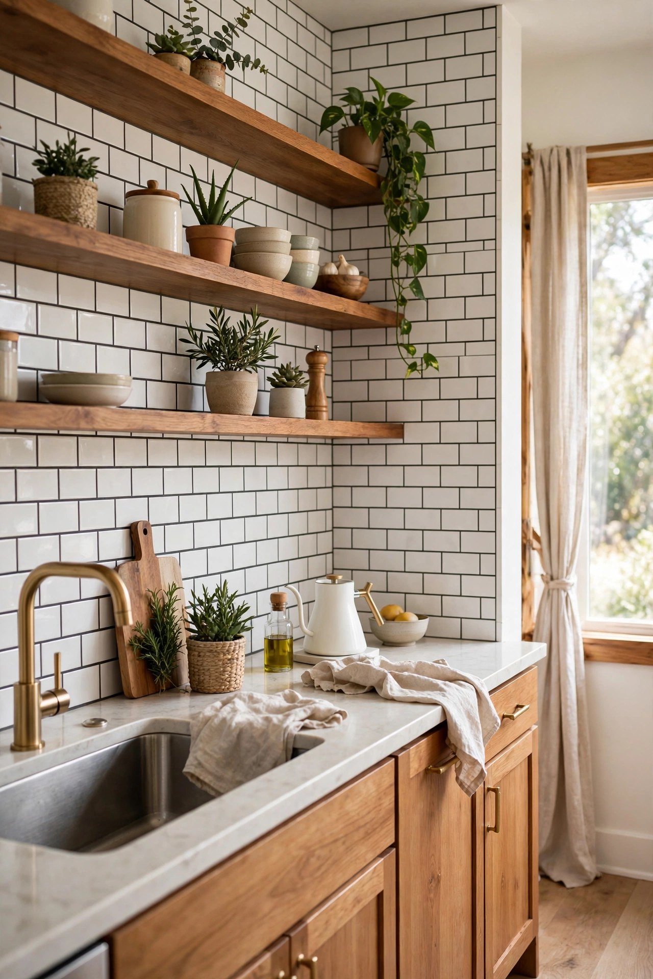 Kitchen after installing a peel-and-stick subway tile backsplash: white tile with dark grout lines, wood open shelves, brass faucet