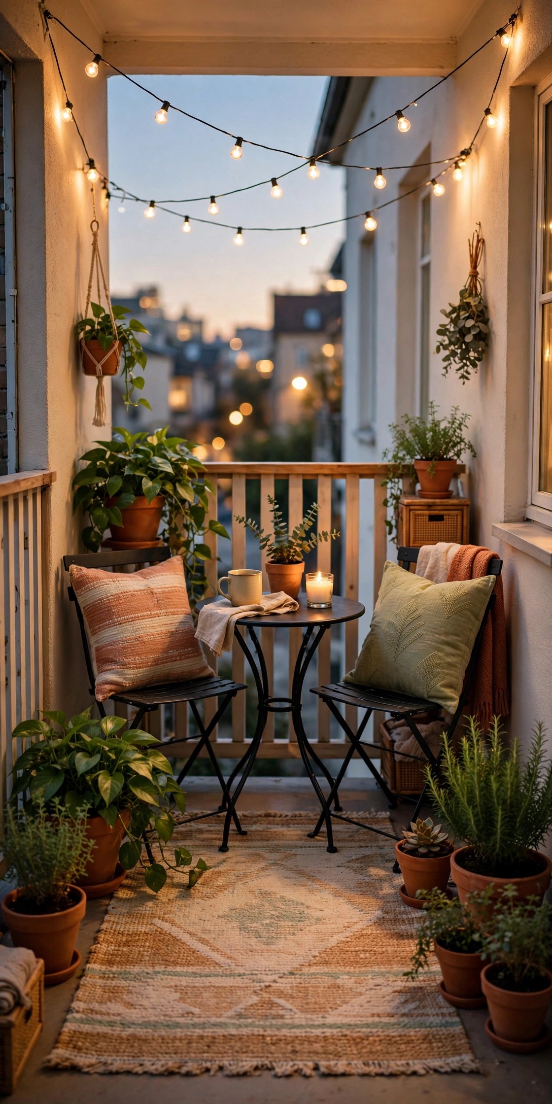 Small balcony makeover with outdoor rug, string lights, bistro set, and potted plants glowing at dusk