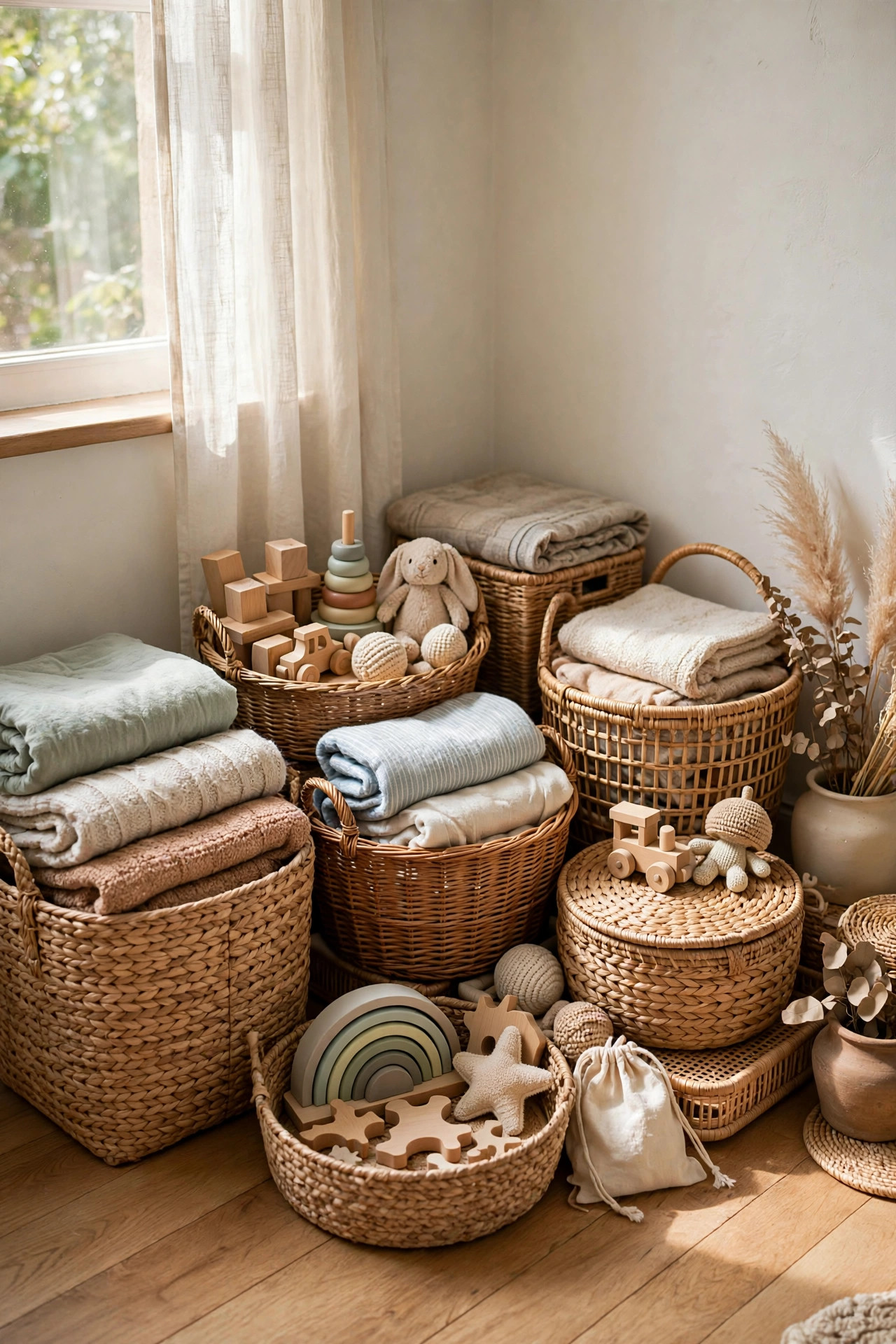 Thrifted woven baskets in natural seagrass and wicker neatly organizing folded blankets and toys on a living room shelf