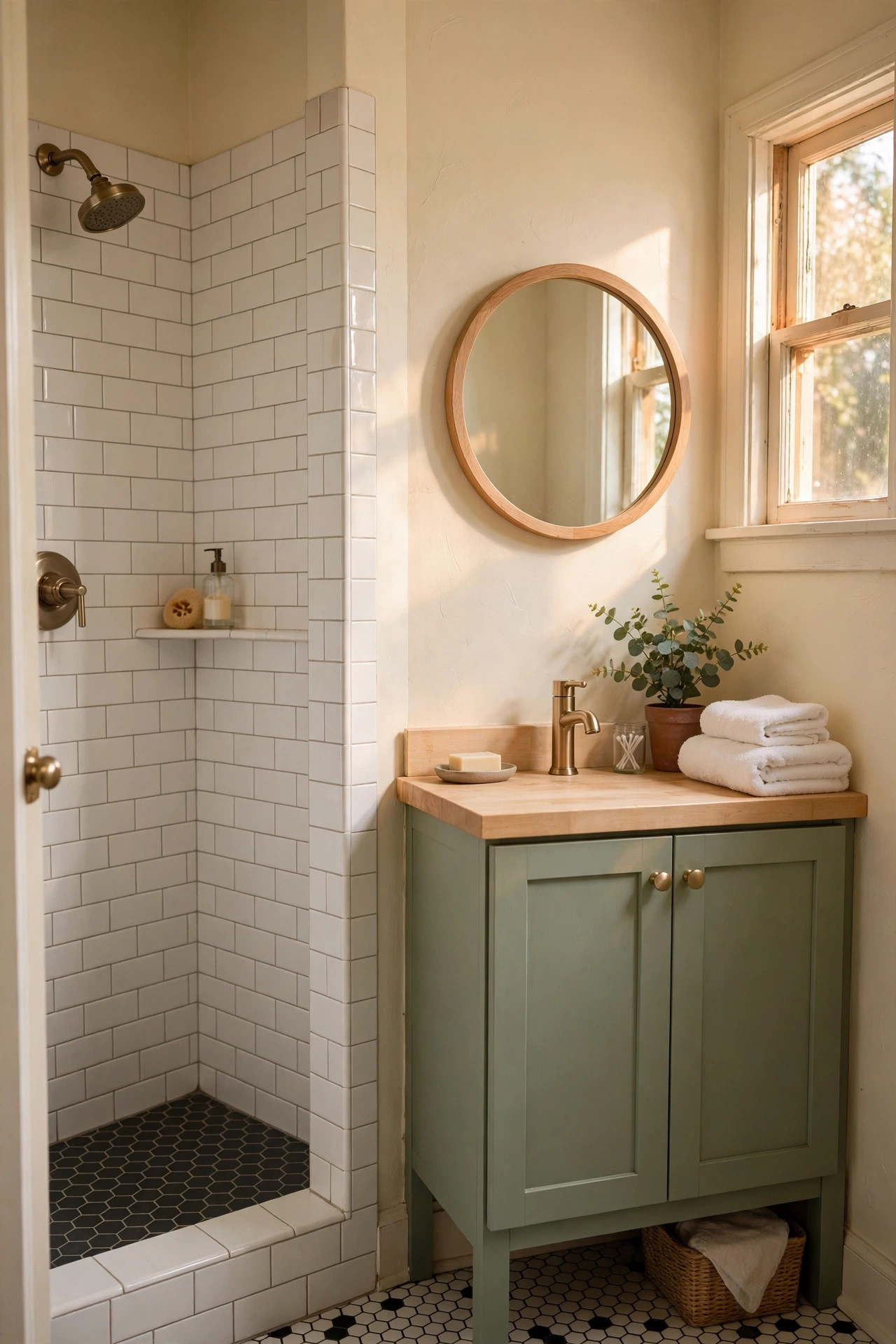Small bathroom after a budget makeover: white subway tile, sage green vanity with brass faucet, round wood mirror