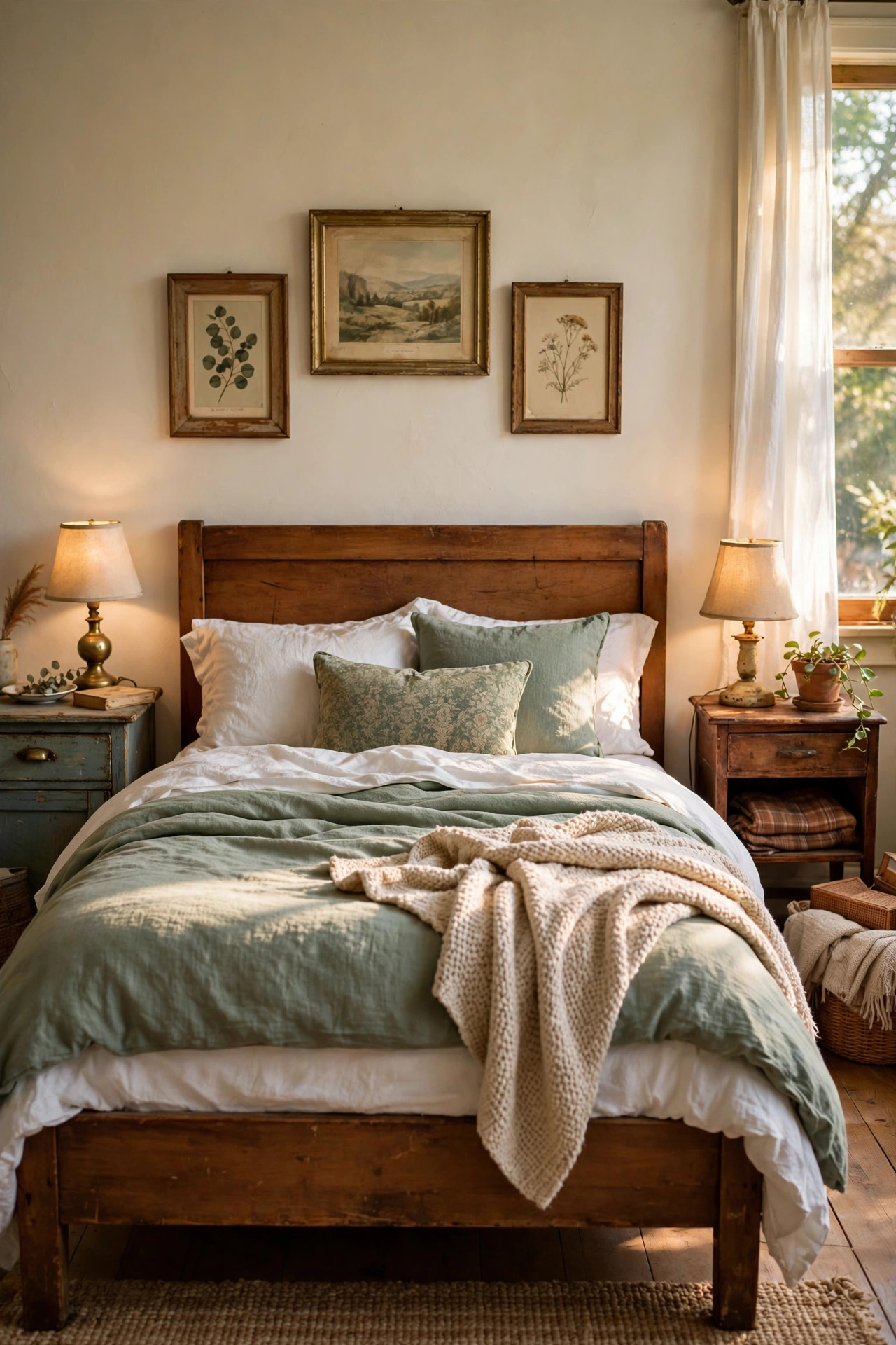 Cozy thrifted bedroom with wood bed frame, layered white and sage bedding, and vintage lamps