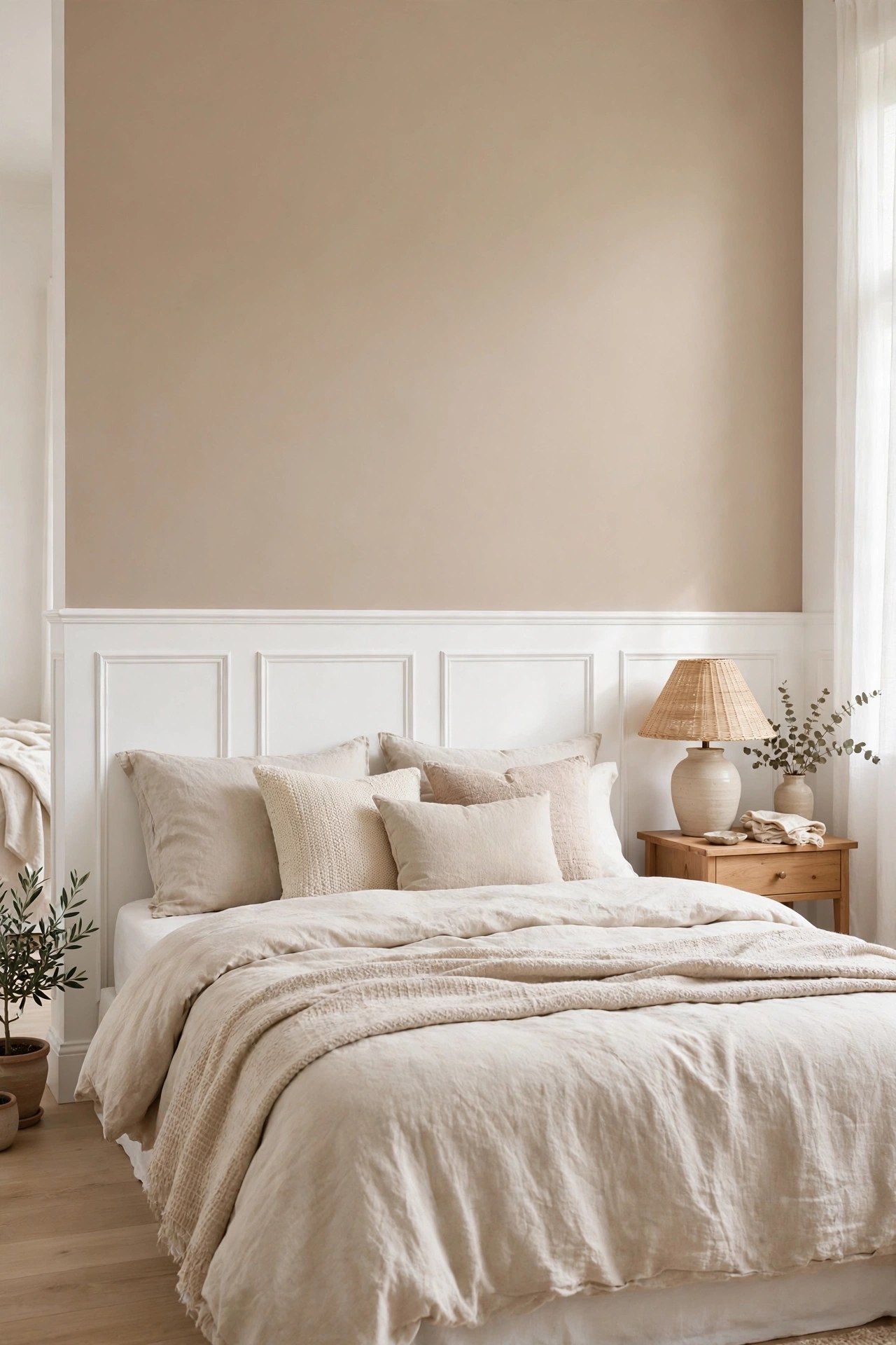Bedroom with a white board and batten accent wall: crisp vertical battens against a warm wall color, styled bed with neutral linens