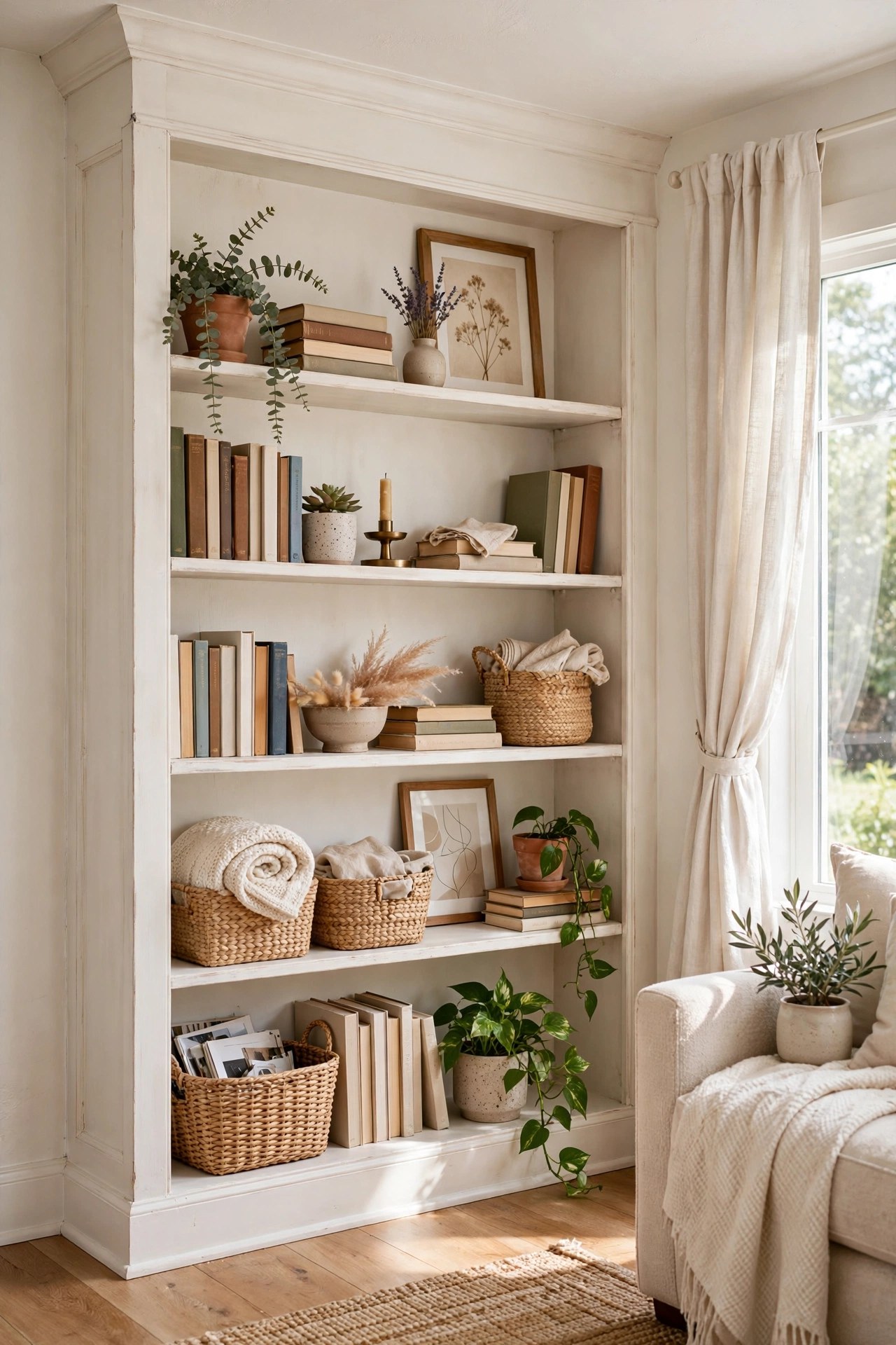 Thrifted bookshelf painted warm white, styled like a built-in with books and decor