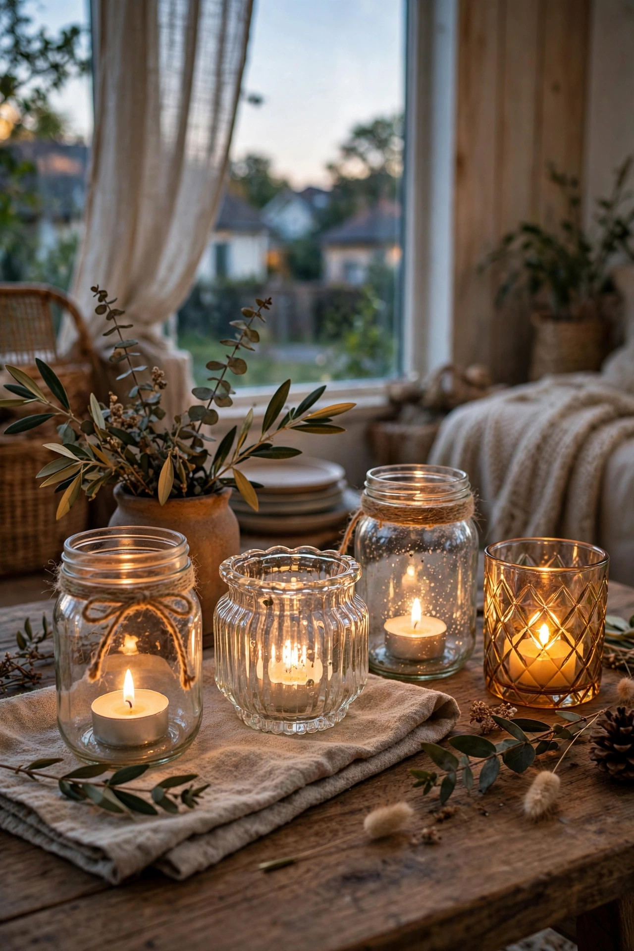 DIY candle holders made from thrifted glass jars wrapped in jute twine, with lit tea lights glowing warmly on a styled coffee table