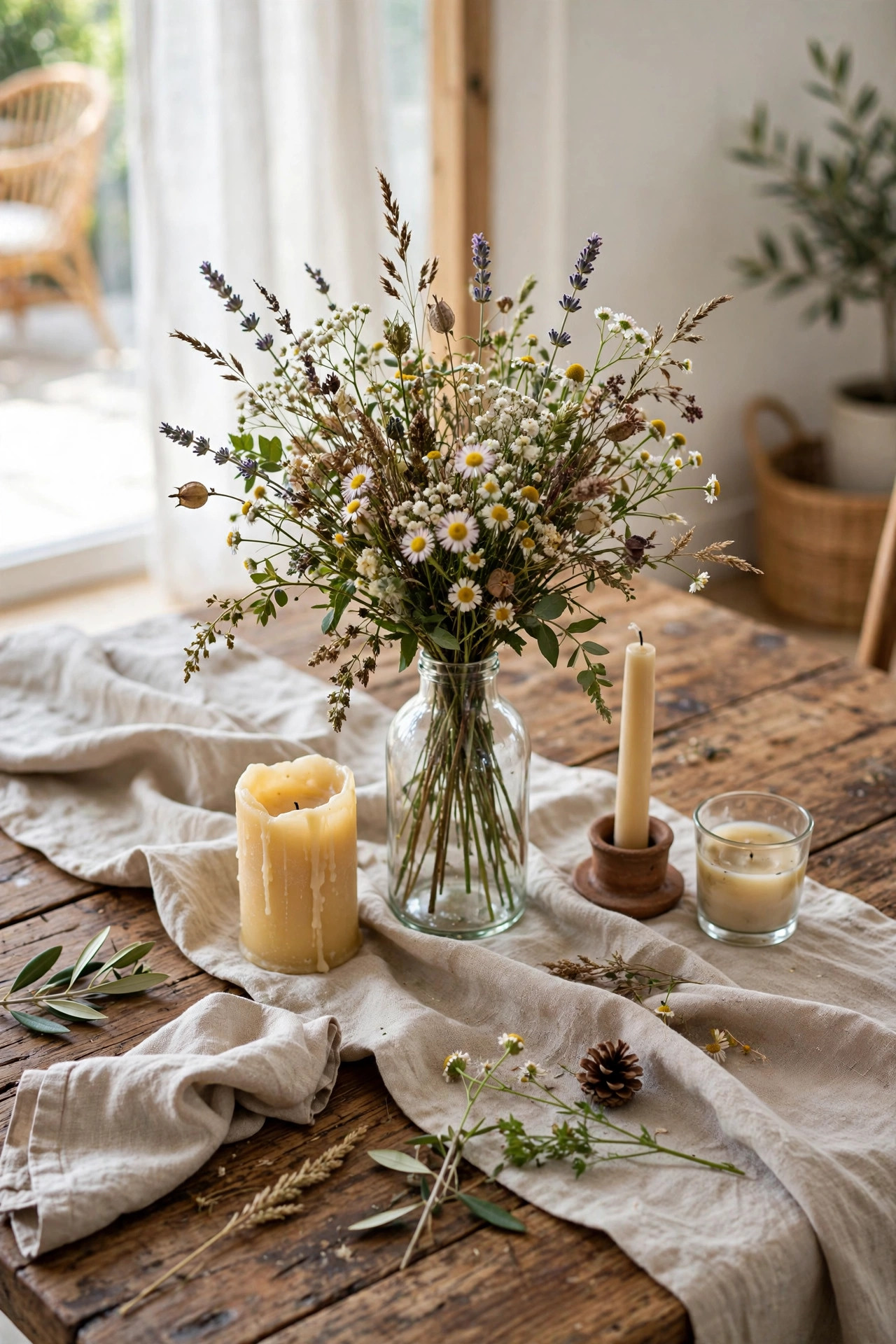 Budget dining table centerpiece: wildflowers in a thrifted glass bottle with taper candles on a linen runner in bright daylight
