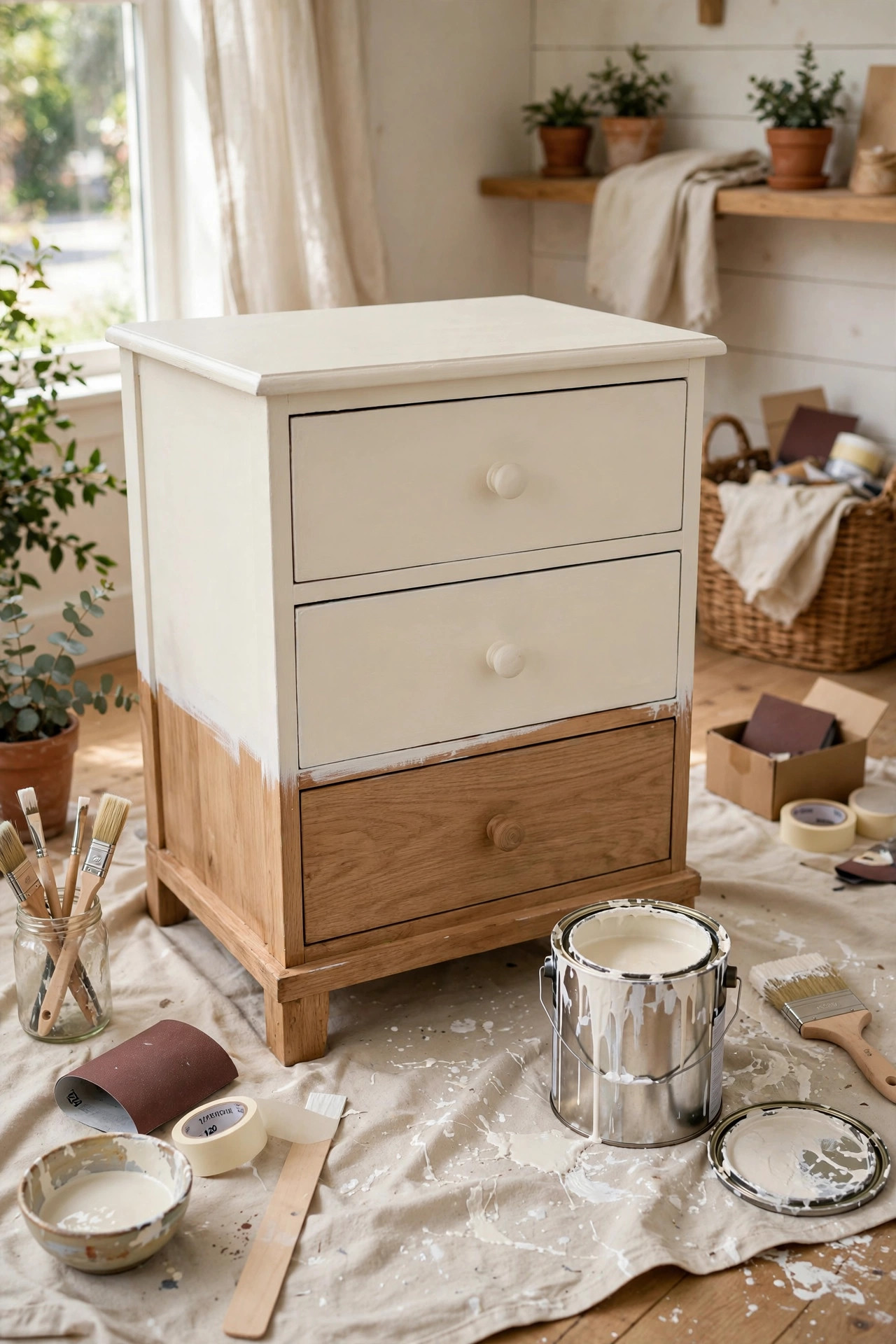Chalk paint furniture project: small wooden dresser half-painted in creamy white chalk paint with brushes and open paint can