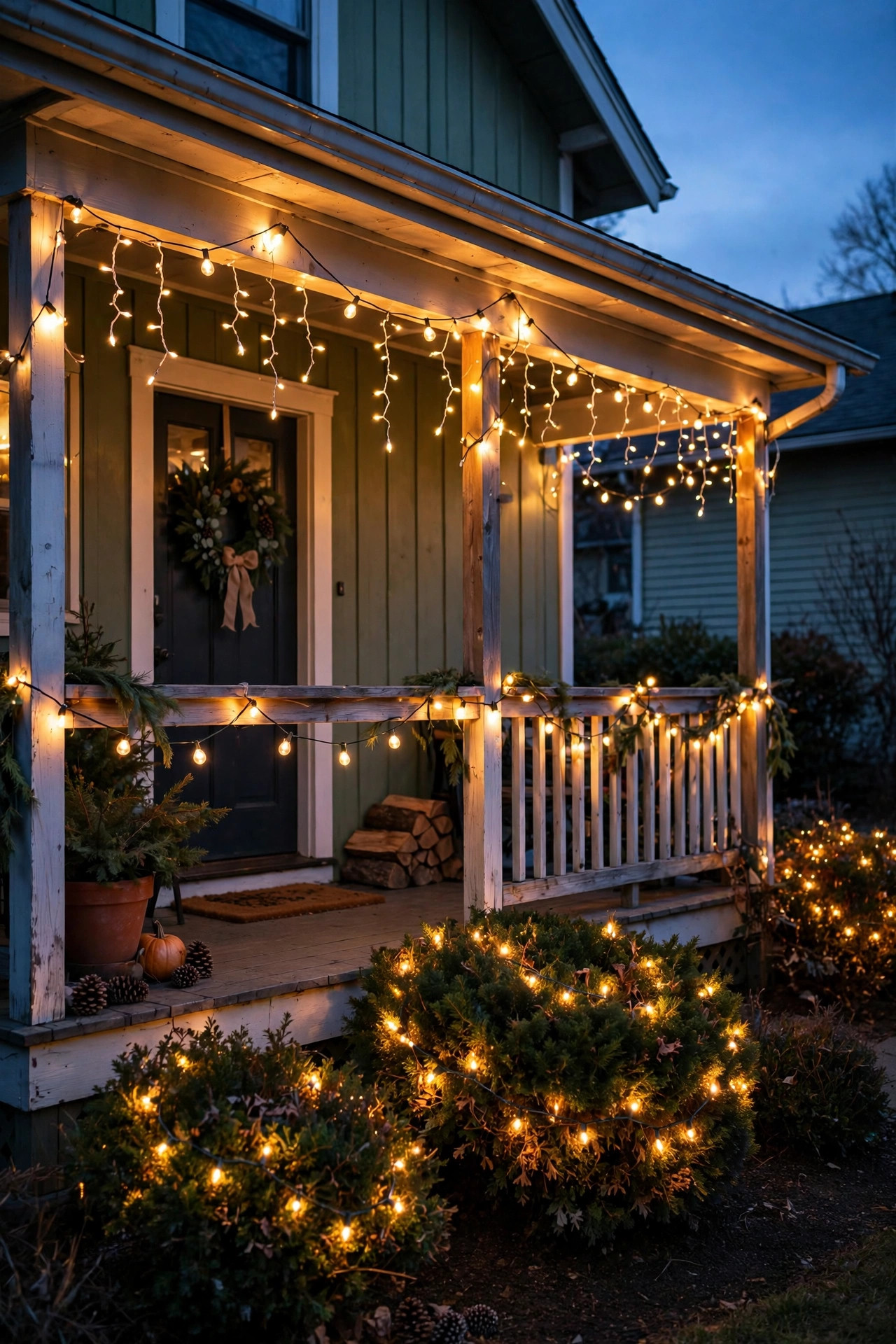 Budget Christmas outdoor lights: warm LED string lights draped on a front porch railing and wrapped around bushes at dusk