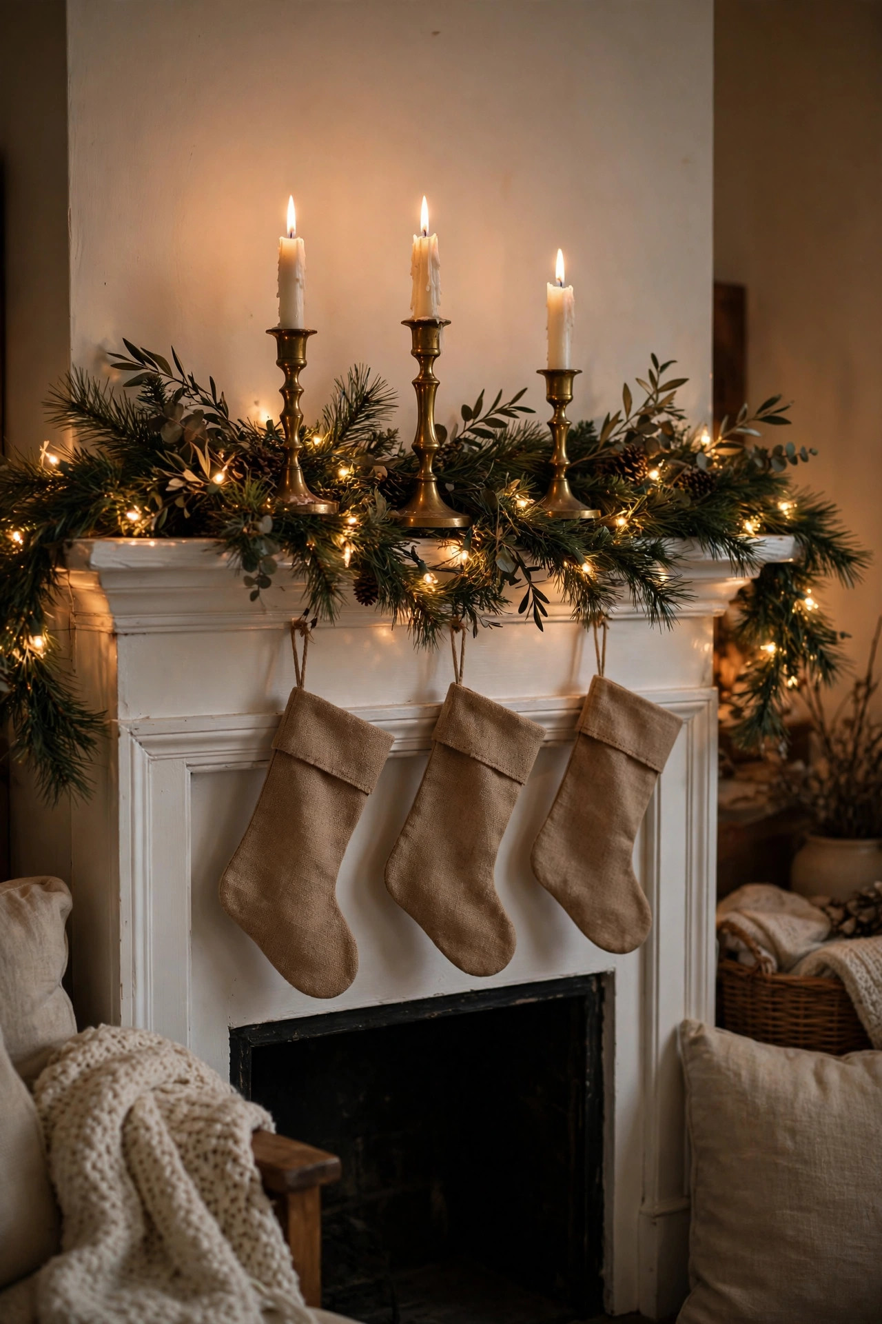 Christmas mantel decorated on a budget: faux pine garland, thrifted brass candlesticks with white tapers, burlap stockings, warm string lights