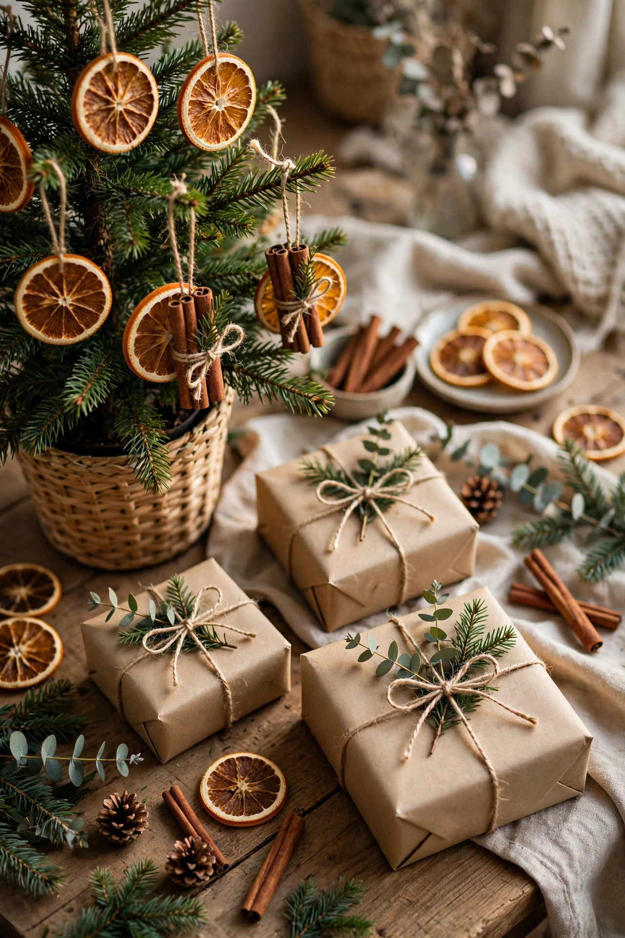 DIY Christmas ornaments and gift wrapping on a budget: dried orange slice ornaments, cinnamon bundles, kraft paper gifts with twine bows and greenery