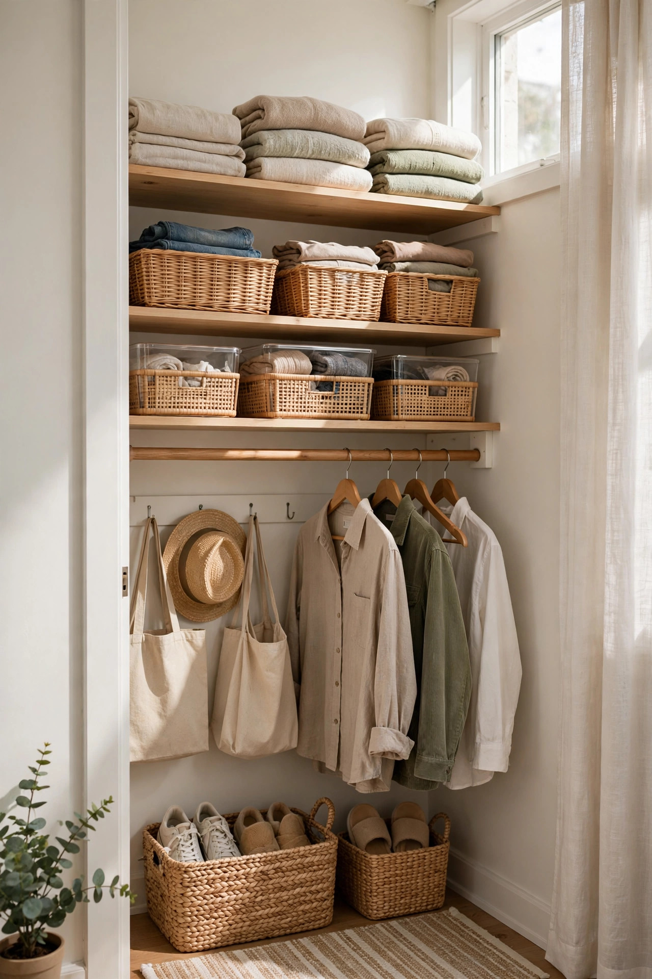 Small organized budget closet makeover with patterned wallpaper accent wall, double hanging rods, and baskets in bright daylight