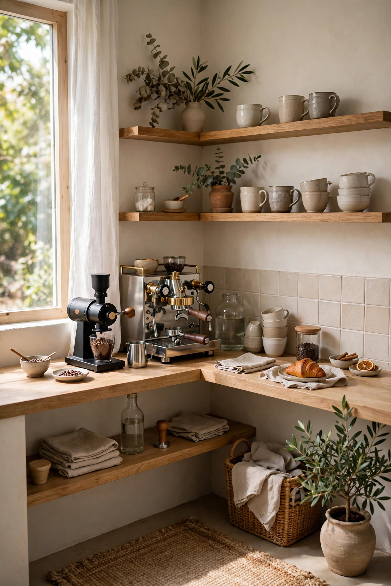 Small DIY coffee bar station with mugs on hooks and coffee supplies arranged on a refinished side table in bright daylight