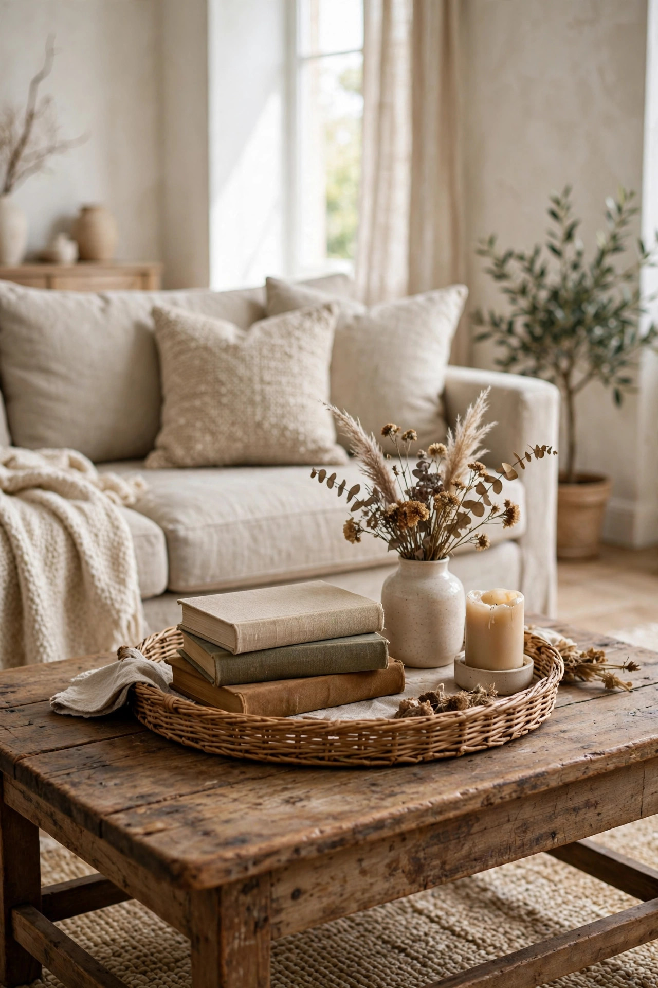 Styled thrifted coffee table: wicker tray with stacked books, ceramic vase with dried flowers, and a candle in a bright living room