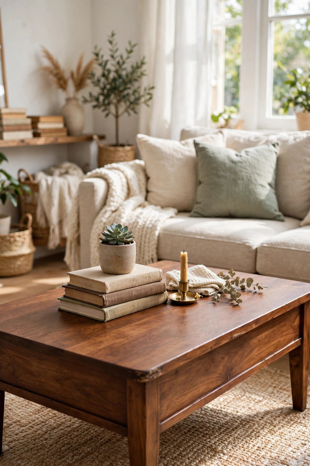 Flipped thrifted coffee table: solid wood refinished in warm walnut stain, styled with books and a plant in a bright living room