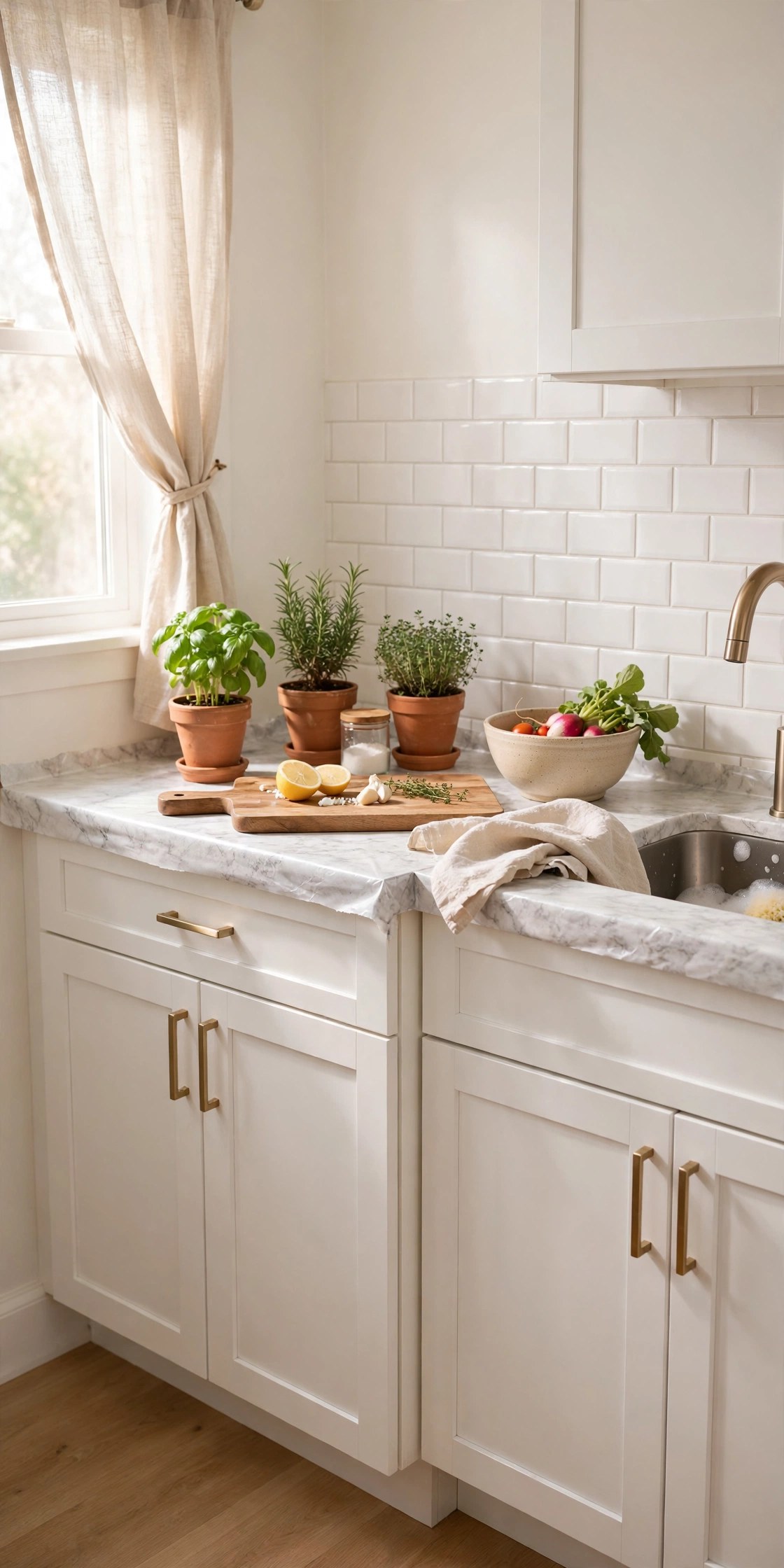 Kitchen with marble-look contact paper covered countertops, white cabinets, styled with a cutting board and herbs