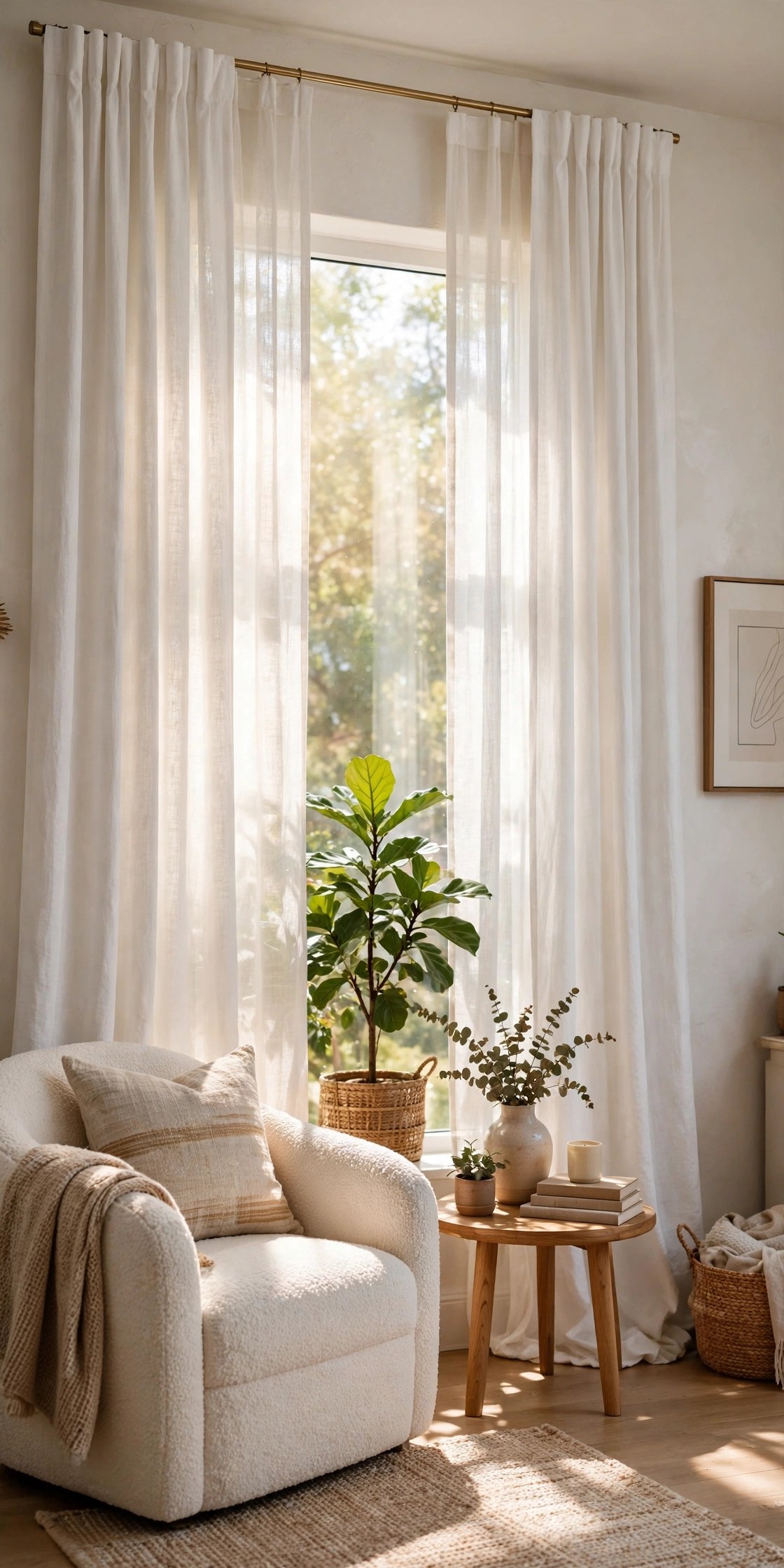 Bright living room window with white linen curtains hung high and wide on a brass rod, sunlight streaming through