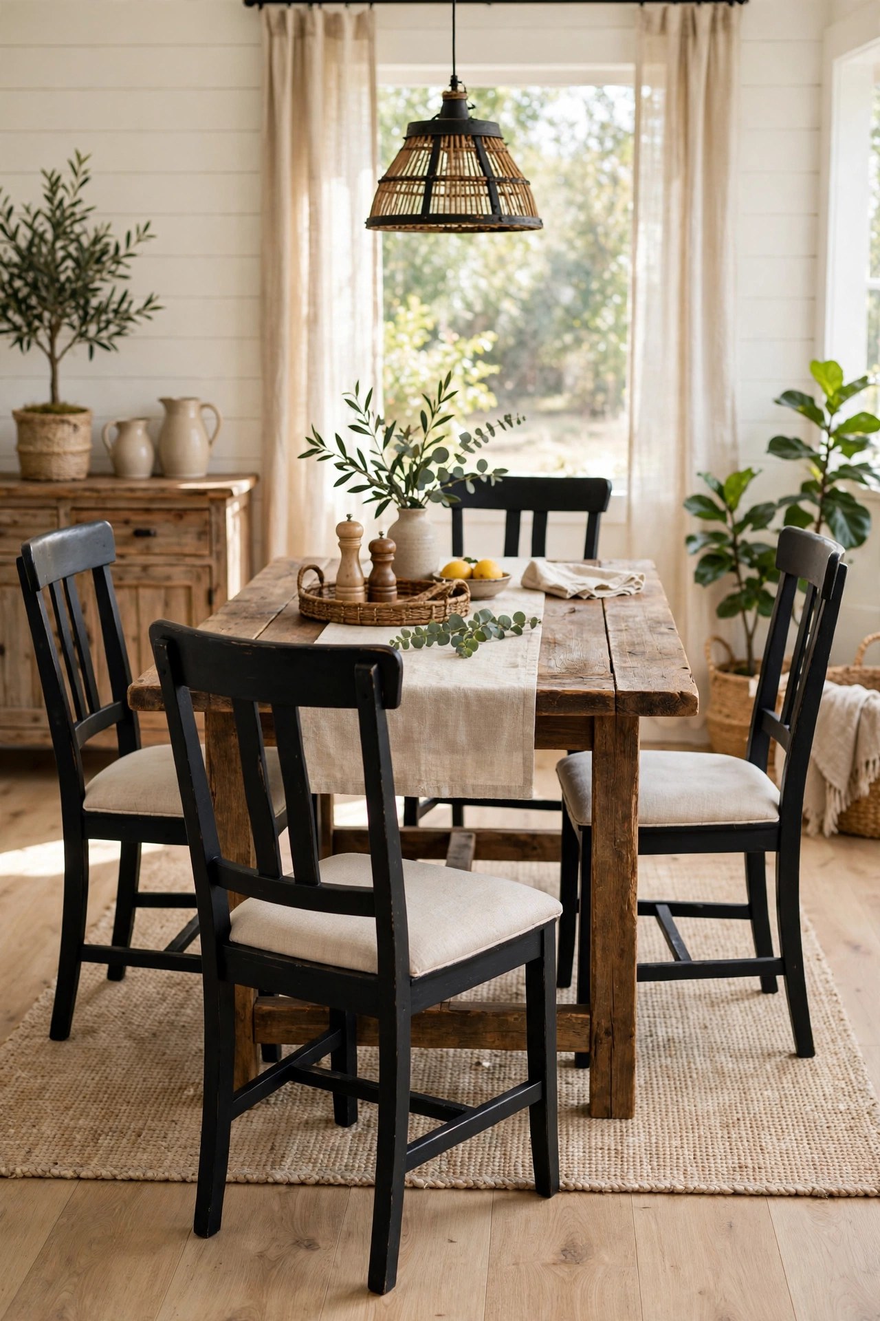 Four thrifted dining chairs refinished in matte black paint with natural linen seat upholstery around a farmhouse table