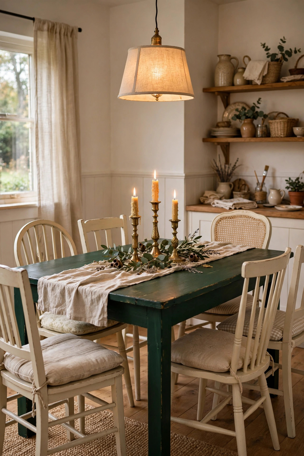 Dining room makeover on a budget: deep green painted table, cream chairs with new cushions, linen runner, thrifted candlesticks, new pendant shade