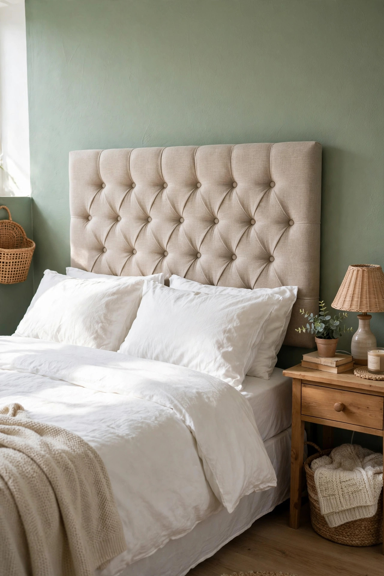 DIY upholstered headboard in a budget bedroom: beige linen-look tufted headboard against a sage green wall, white bedding, wooden nightstand