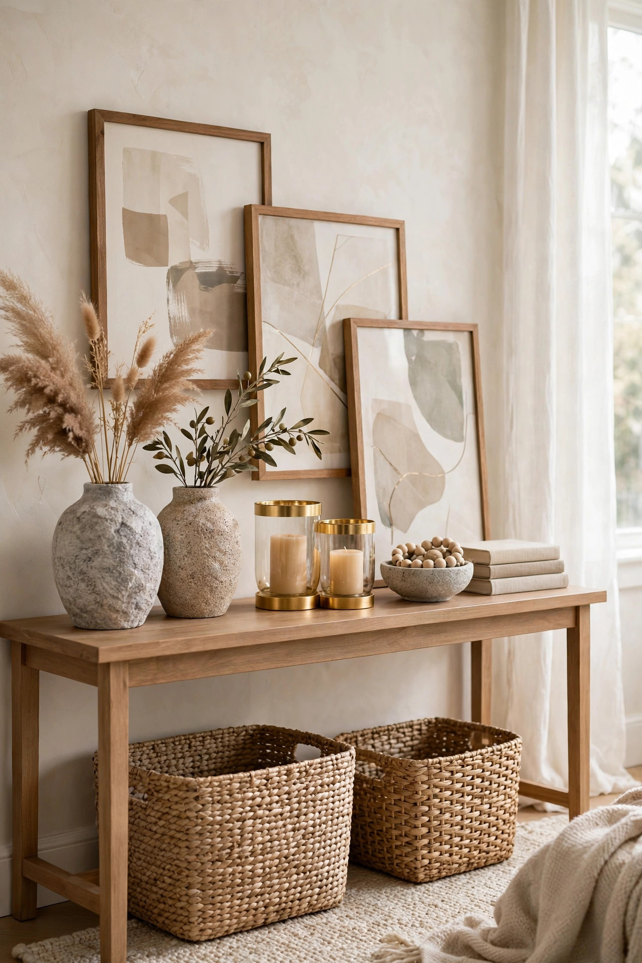 Dollar store DIYs styled to look expensive: stone-look vases, gold candle holders, framed abstract art, woven baskets on a console table