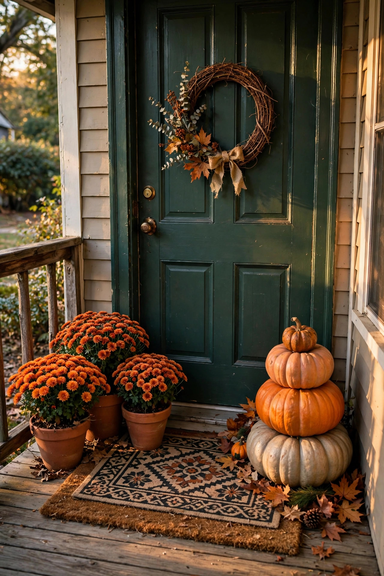 Front porch decorated for fall on a budget: orange mums in terracotta pots, stacked pumpkins, DIY fall wreath on a dark door, layered doormats