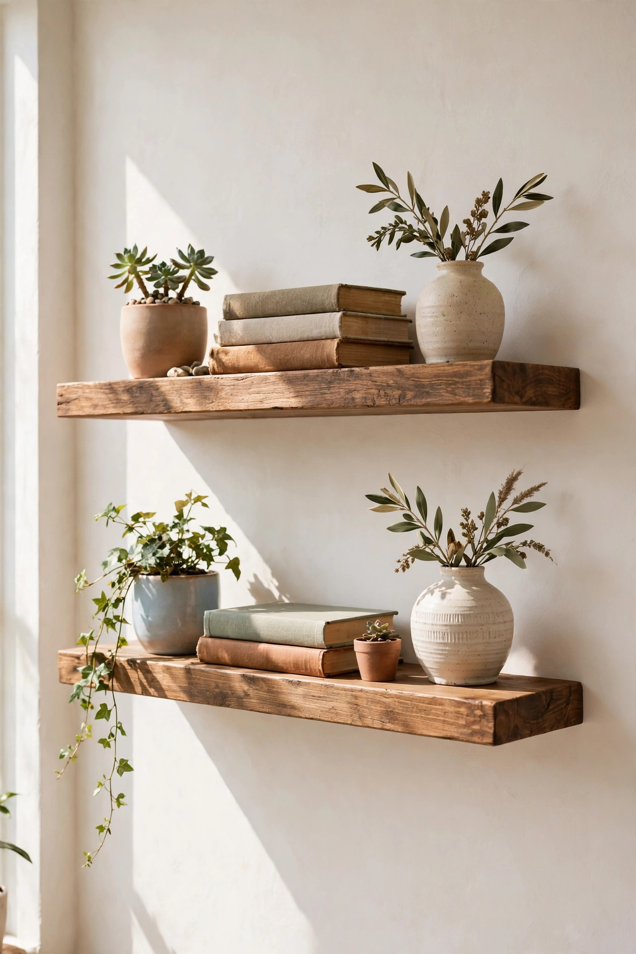 DIY wooden floating shelves on a white wall styled with potted plants, stacked books, and ceramic vases in bright daylight