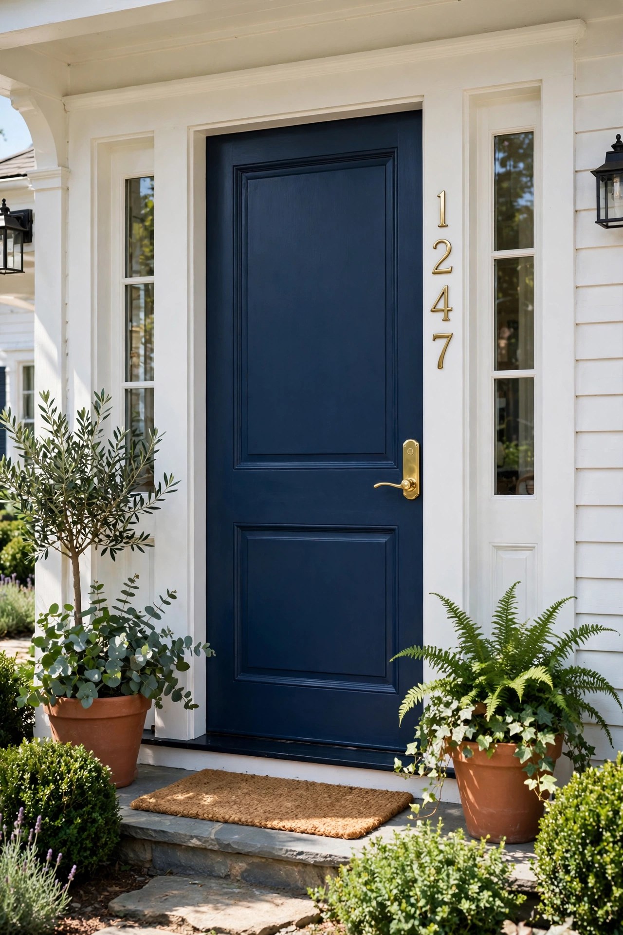 Freshly painted front door in deep navy blue with brass handle and house numbers, white trim, potted plants on the porch