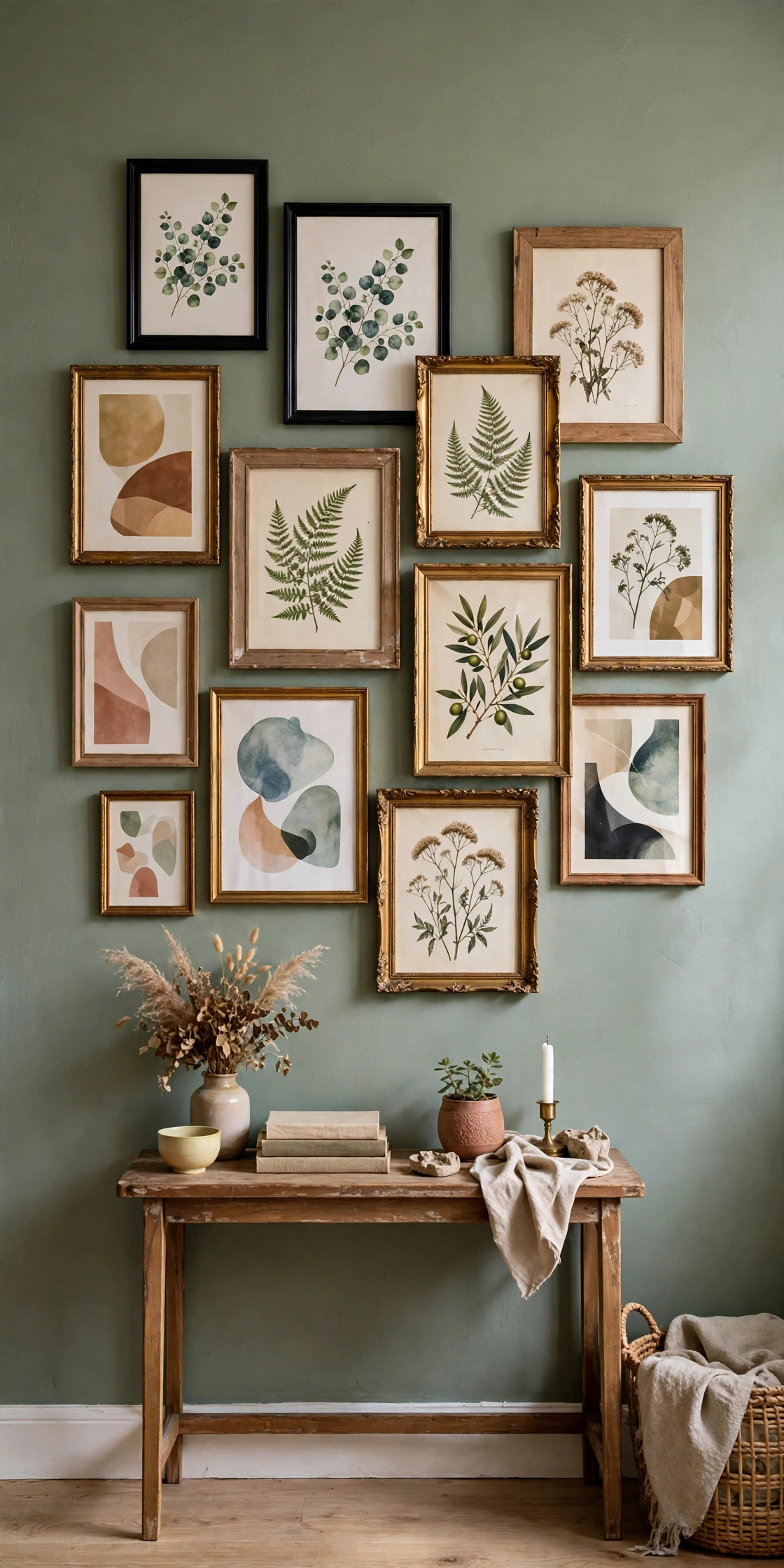 Budget gallery wall: thrifted frames in black wood and gold arranged salon-style on a sage green wall with botanical prints