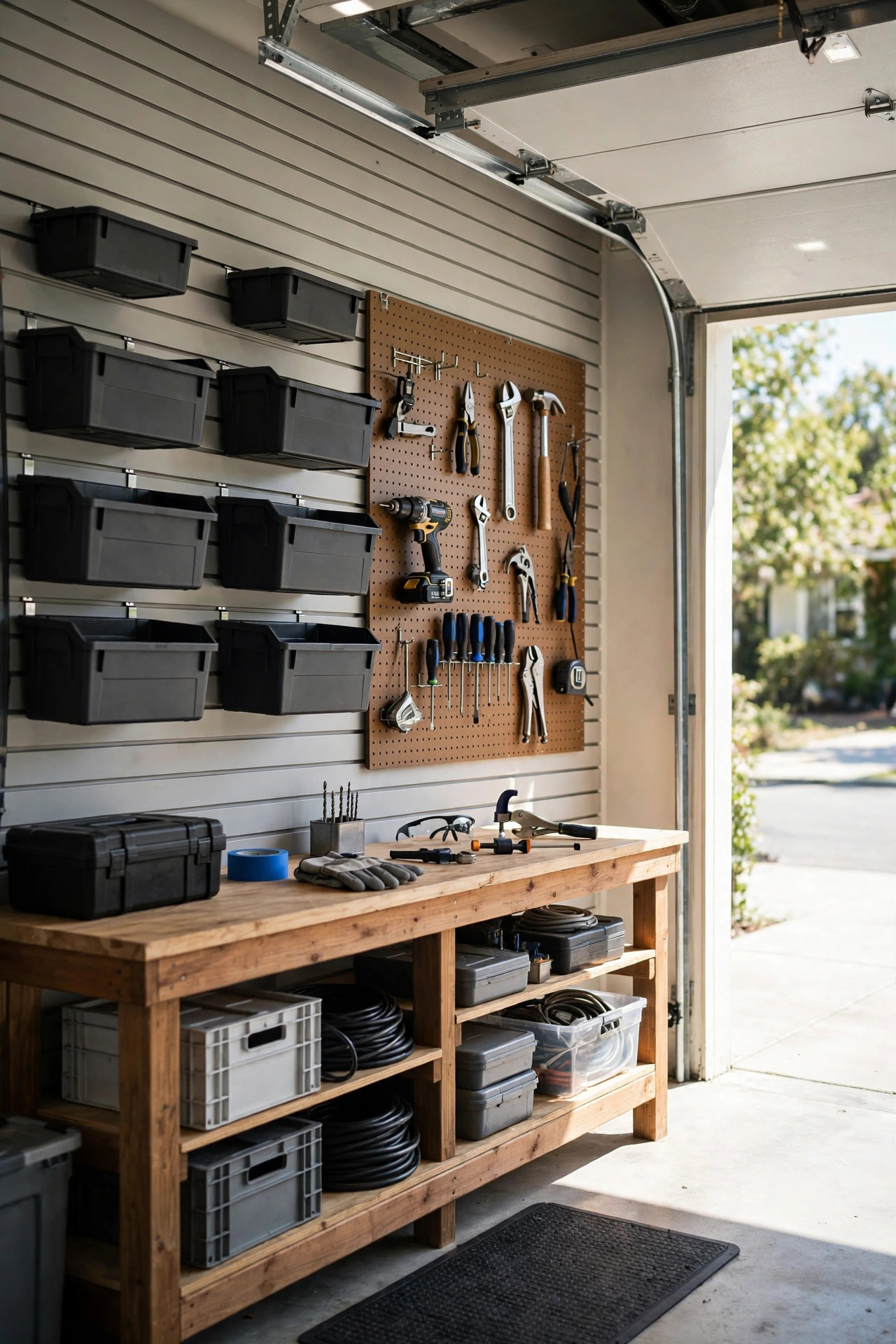 Budget garage organization: slatwall panels with labeled bins, pegboard tool wall, and organized workbench