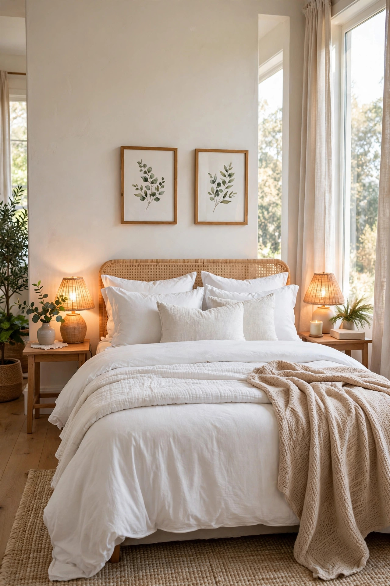 Budget guest room refresh: crisp white bedding, a cozy throw blanket, matching nightstands, and a warm glowing lamp