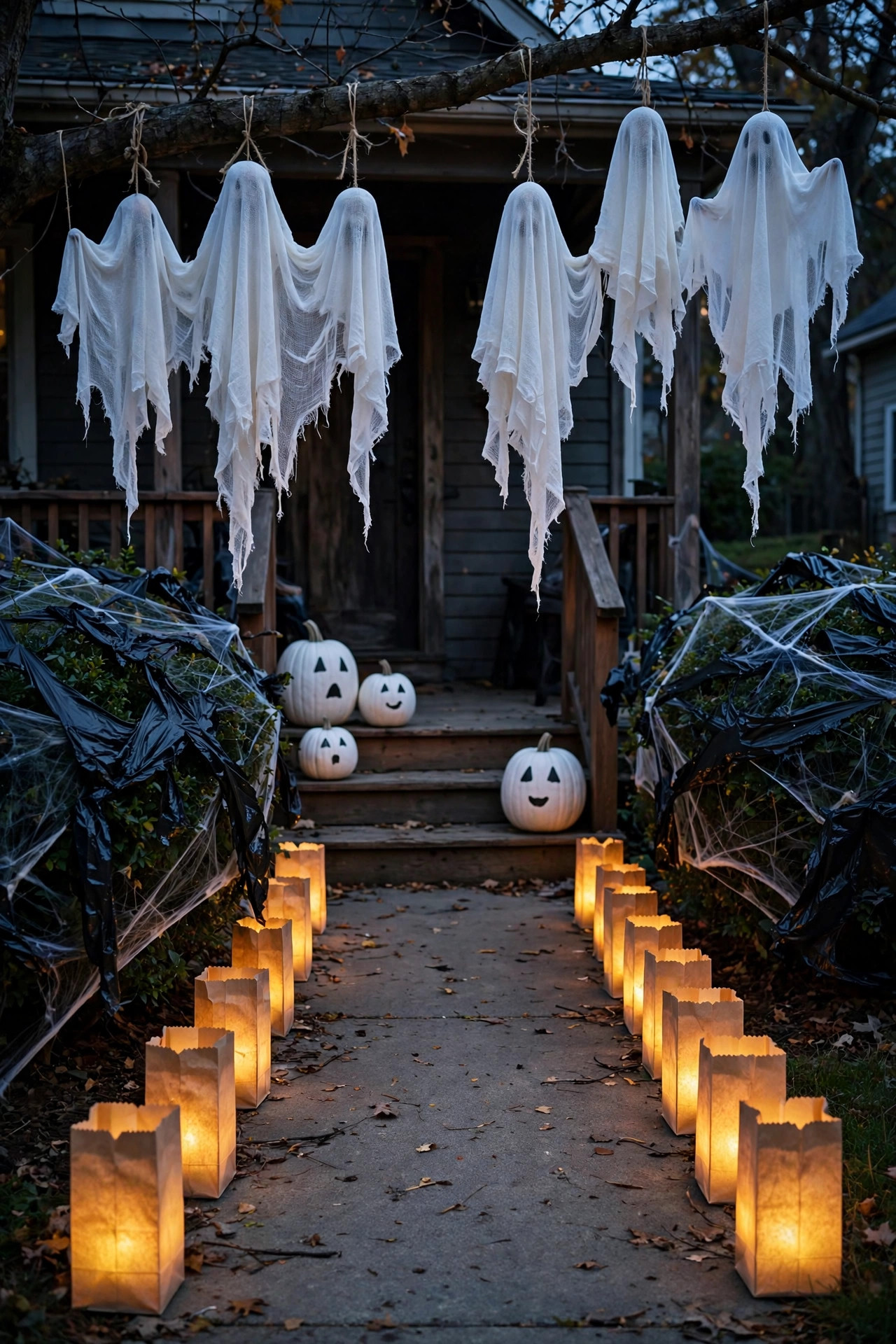 Budget DIY Halloween porch at dusk: cheesecloth ghosts hanging from branches, trash-bag spiderwebs on bushes, painted white pumpkins, glowing paper-bag luminaries