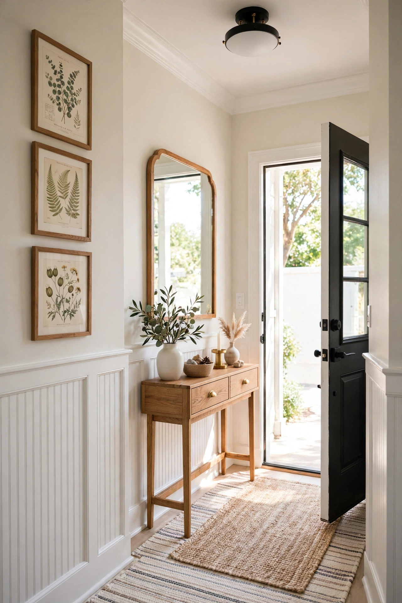 Budget hallway makeover: painted wainscoting, thrifted mirror, framed botanical prints, console table and runner rug