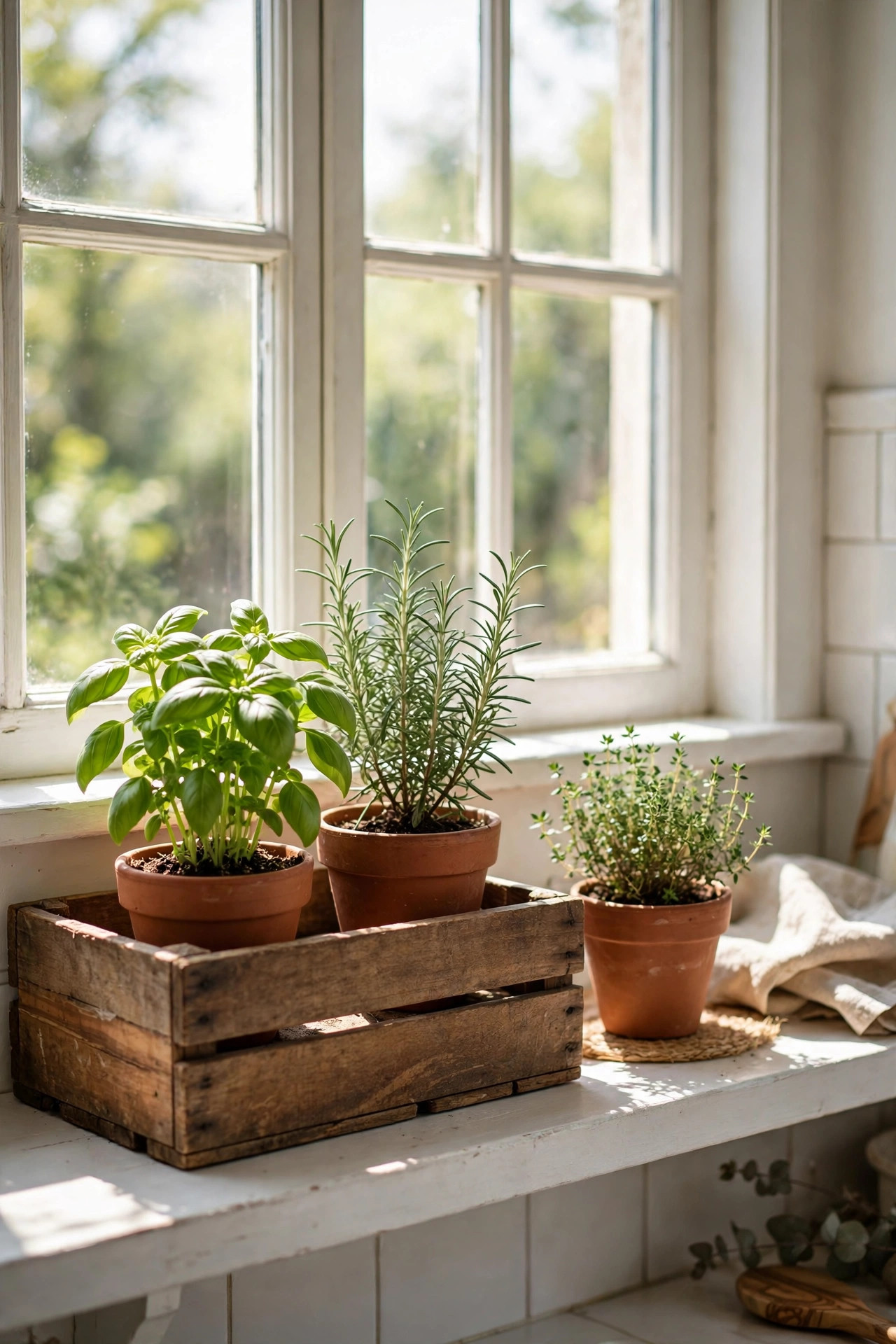 Indoor herb garden: fresh basil, rosemary, and thyme growing in terracotta pots arranged on a wooden crate by a sunny kitchen window
