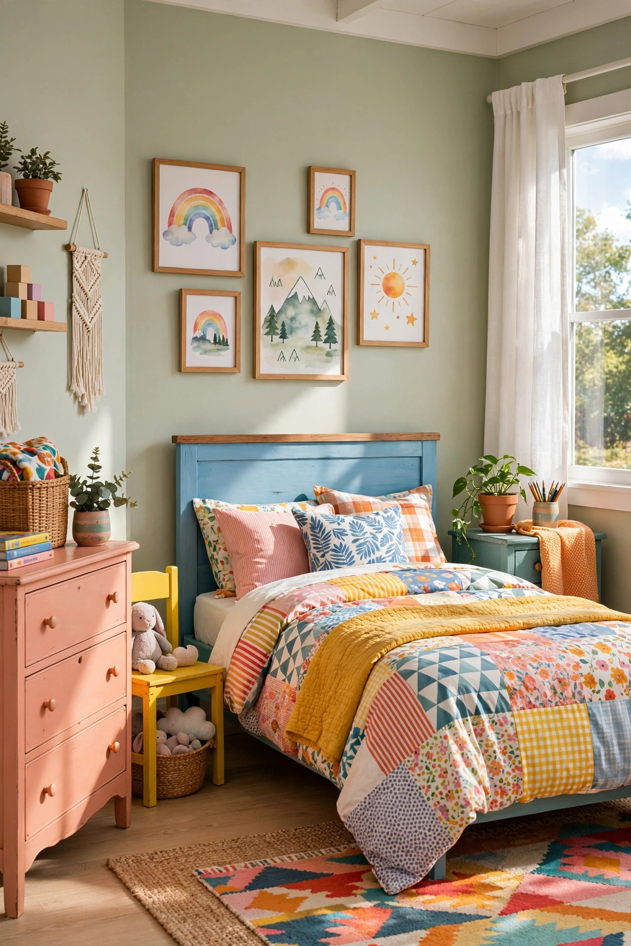 Budget kids' bedroom makeover: colorful new bedding, a painted accent wall, thrifted nightstand, and fun wall decals