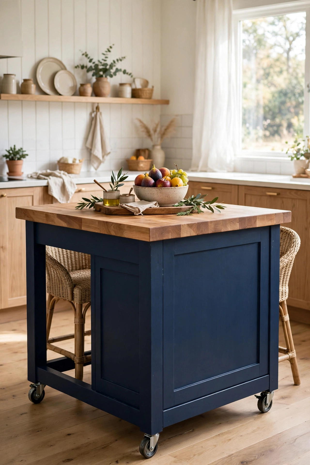 DIY navy blue kitchen island on caster wheels with butcher block countertop, woven bar stools tucked under, fruit bowl styled on top in daylight