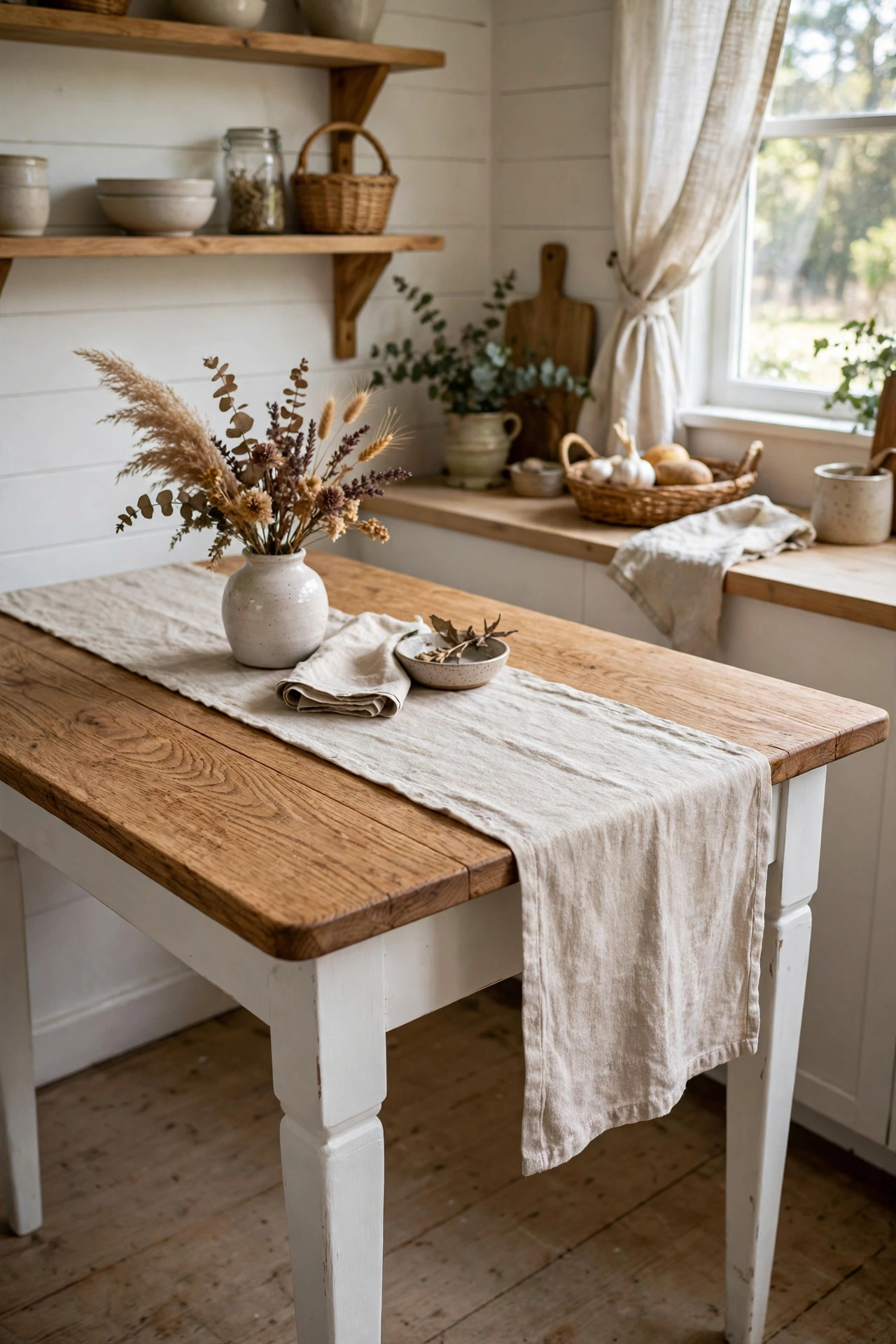 Restored farmhouse kitchen table with sanded oak top and white painted legs