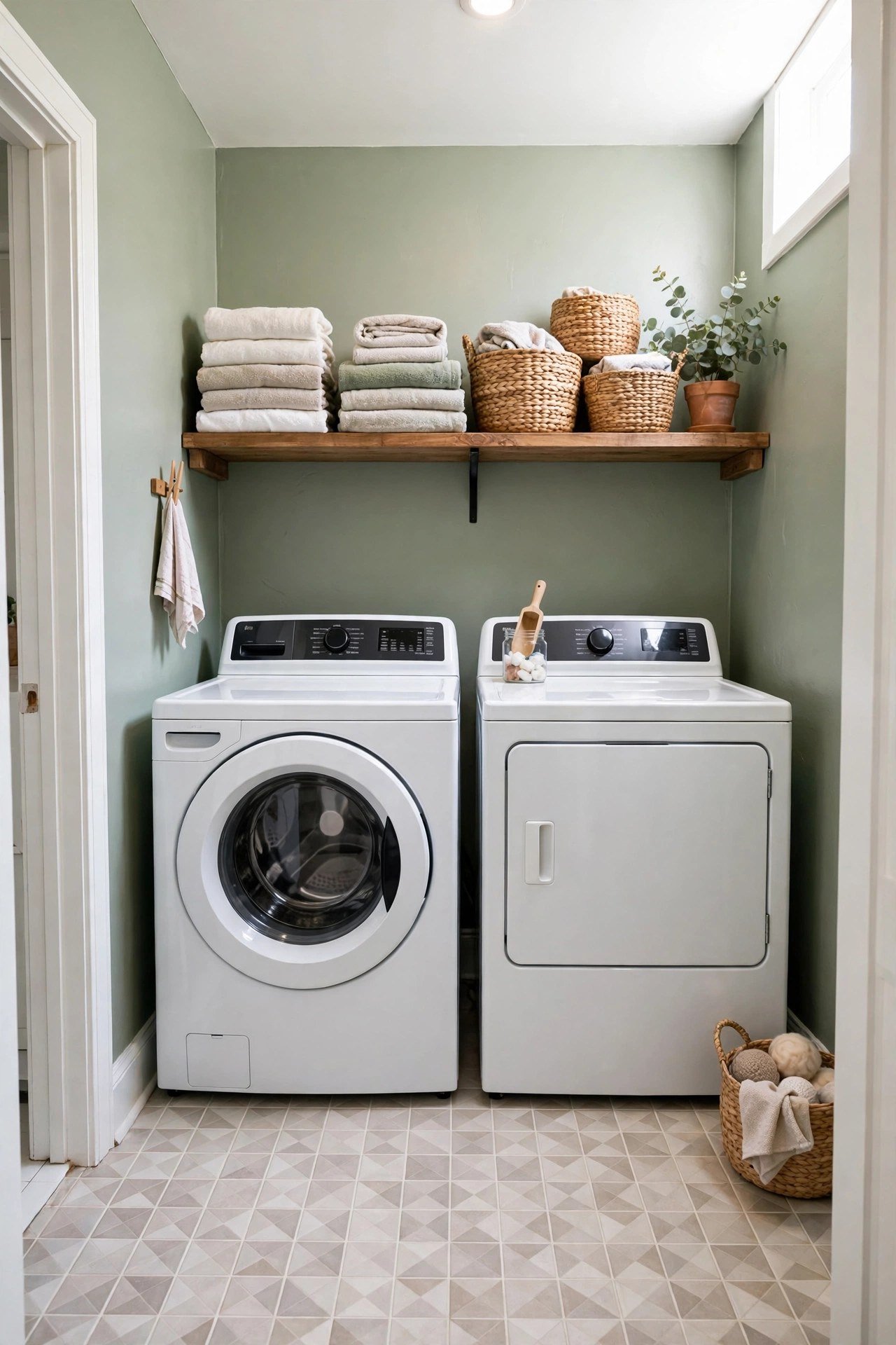 Laundry room after a budget makeover: sage green walls, wood shelf with folded towels and woven baskets above washer and dryer, patterned floor tile