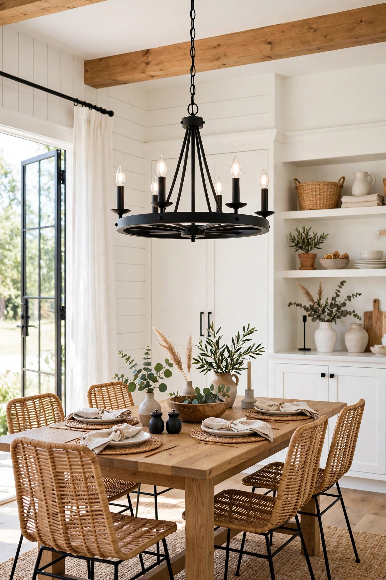 Dining room chandelier spray-painted matte black hanging over a wooden dining table