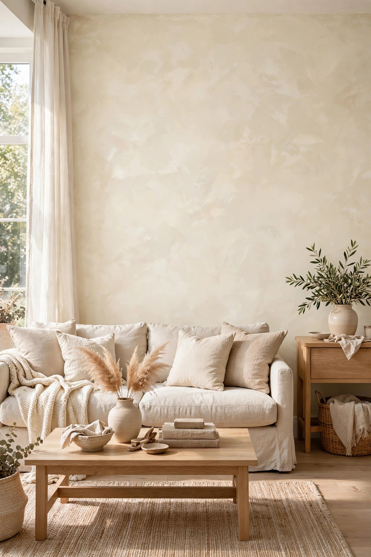 Living room wall finished in soft cloudy limewash plaster in warm off-white, with linen sofa and oak furniture
