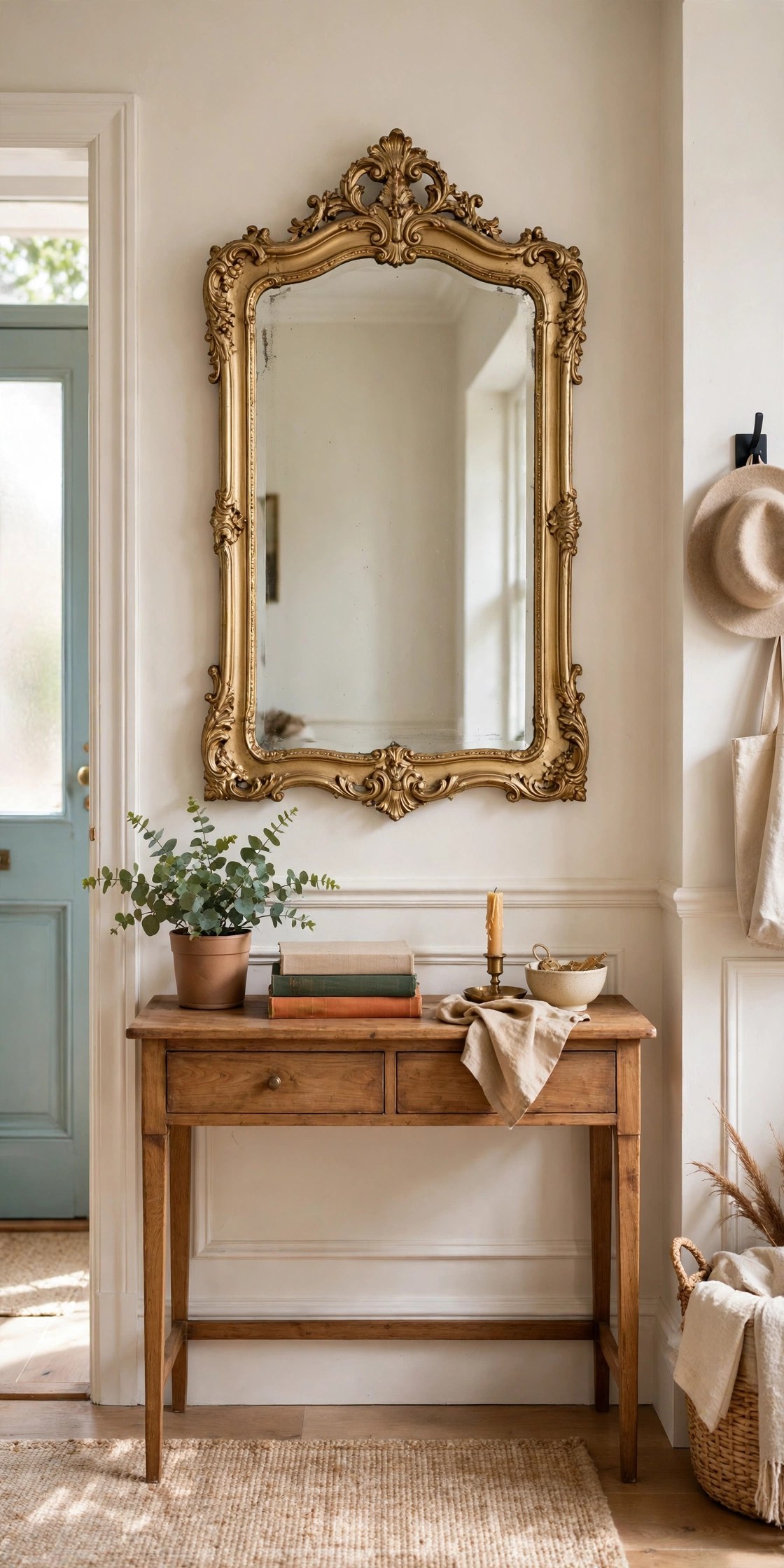 Ornate vintage mirror refinished in brushed gold hanging above a styled console table in a bright entryway
