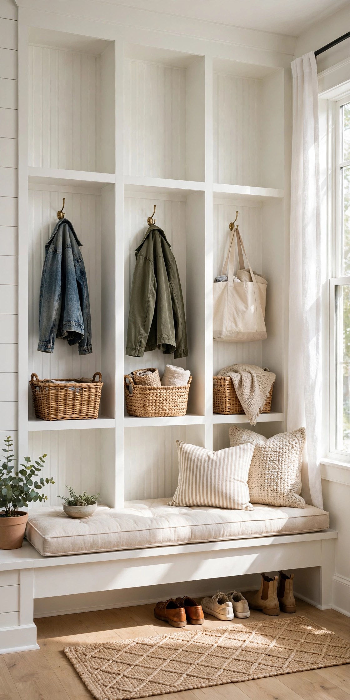 DIY mudroom lockers built from white painted bookcases with beadboard backs, brass hooks, baskets, and a bench cushion