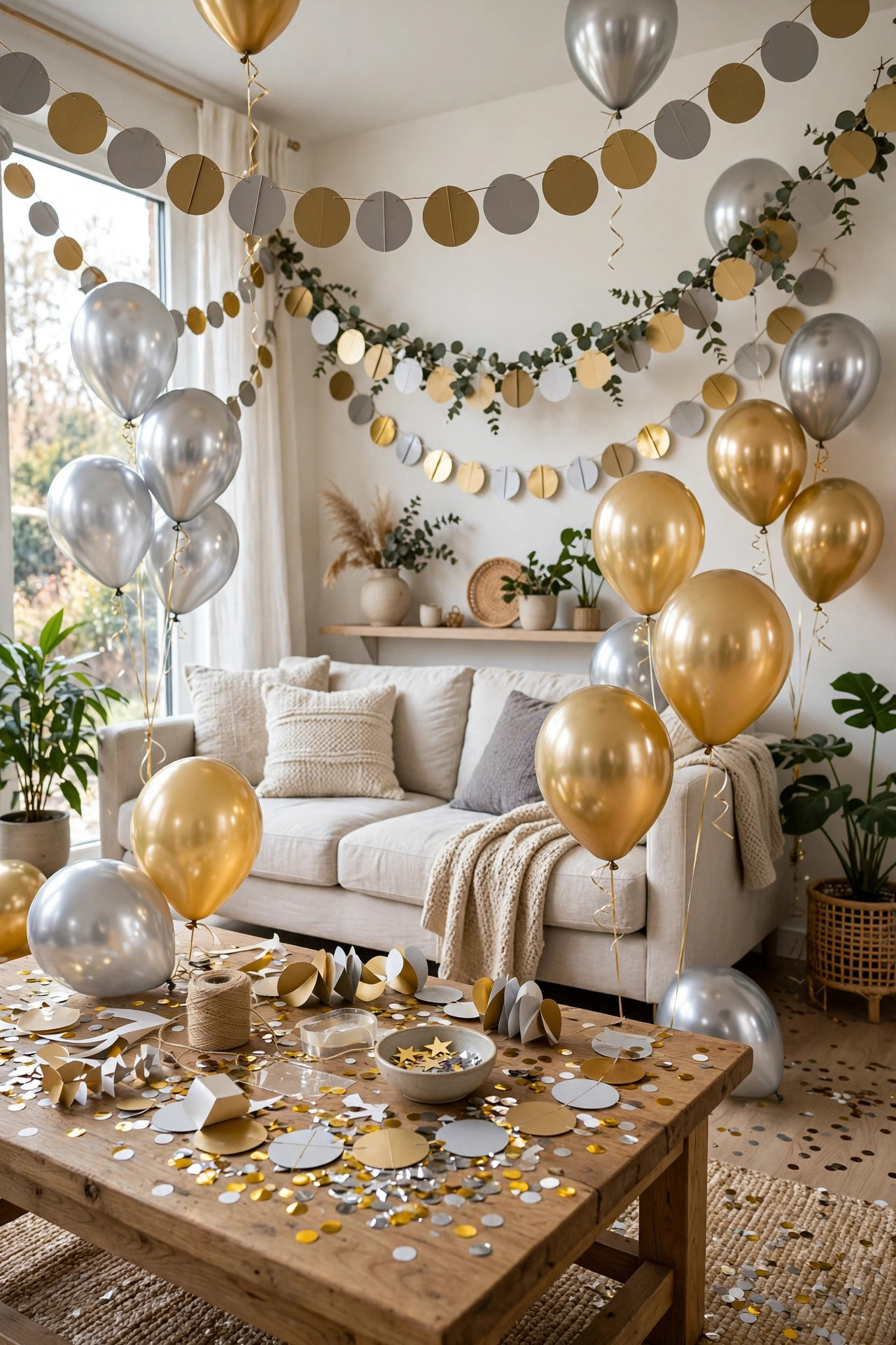 Budget New Year party decor: gold and silver balloon clusters, paper garlands, and a sparkling number banner in a living room