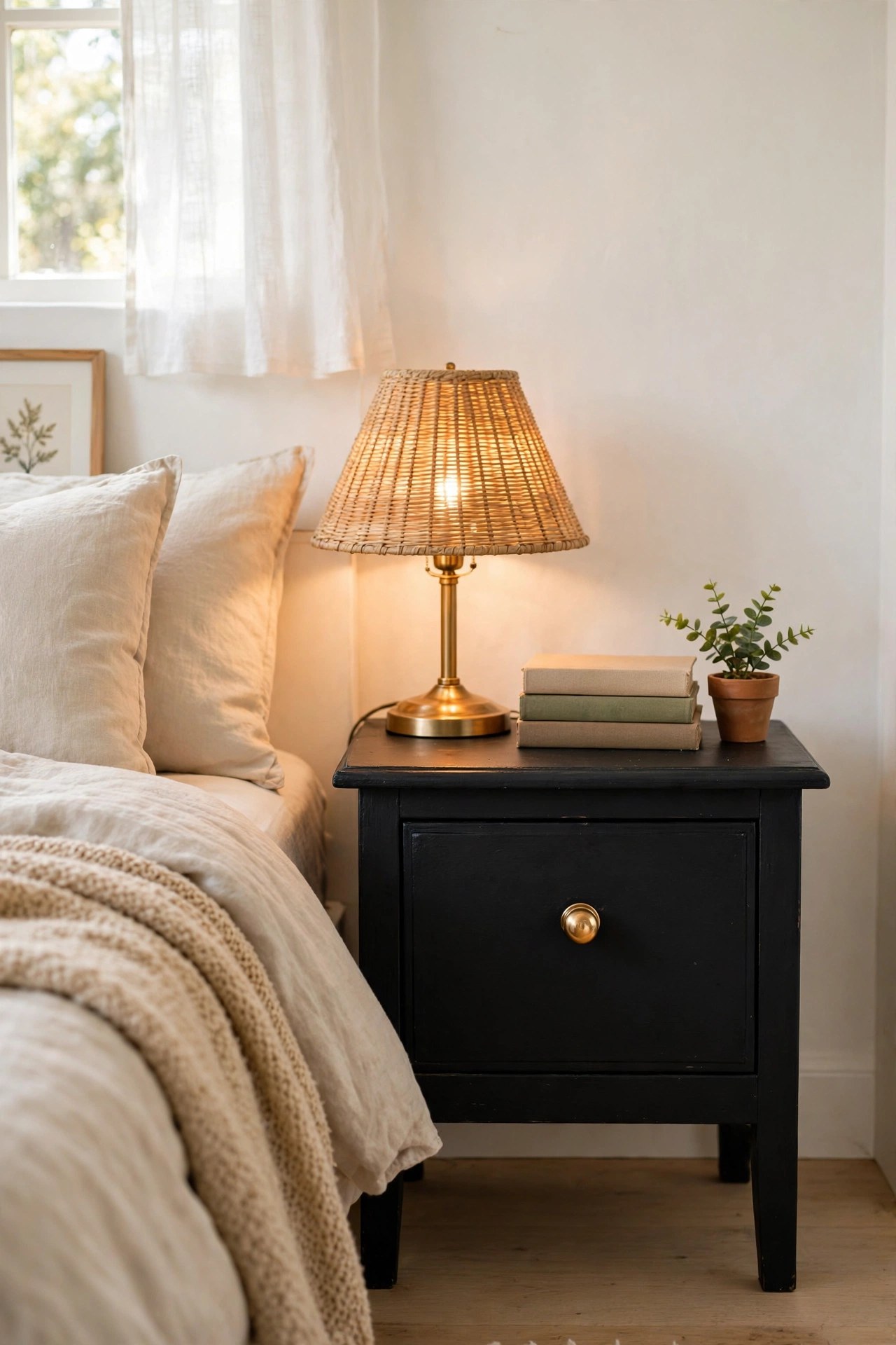 Flipped thrifted nightstand: small wooden nightstand in matte black paint with brass knob, styled with a glowing lamp, books, and a plant beside a bed