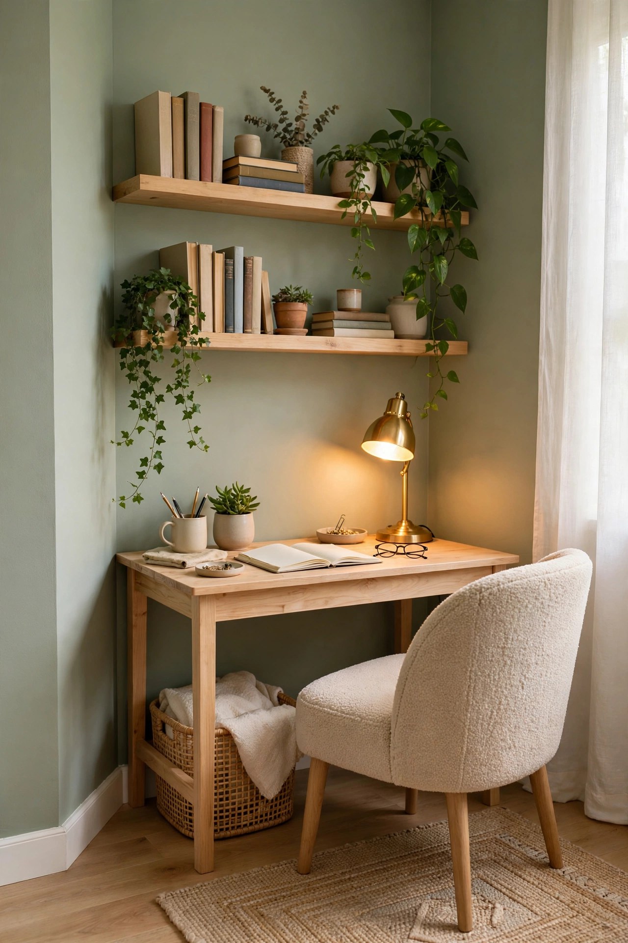 Cozy home office nook in a corner with a wooden desk, upholstered chair, floating shelves with plants, and a sage accent wall