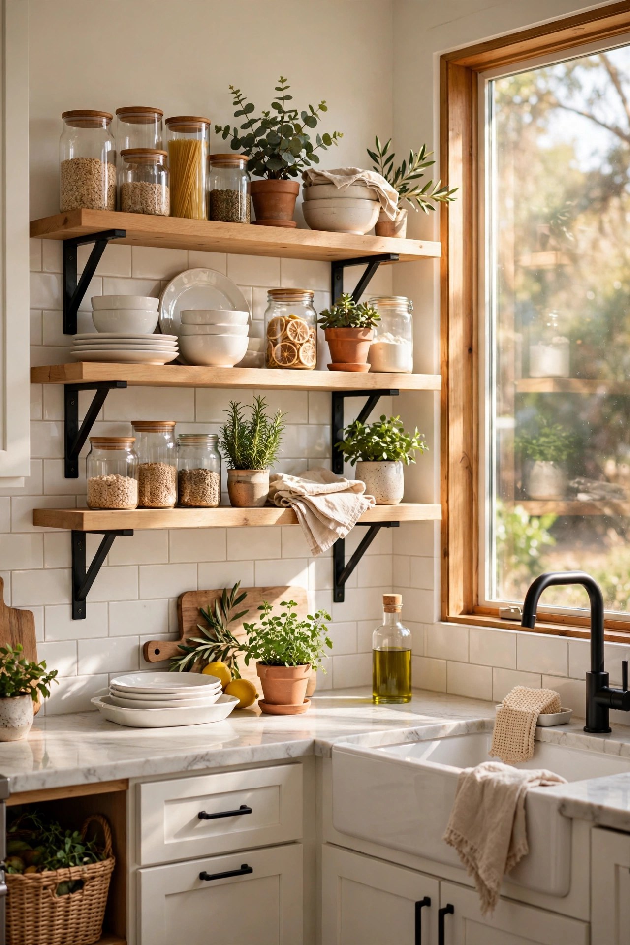 Bright kitchen with DIY open wooden shelves on black brackets styled with dishes, jars, and plants
