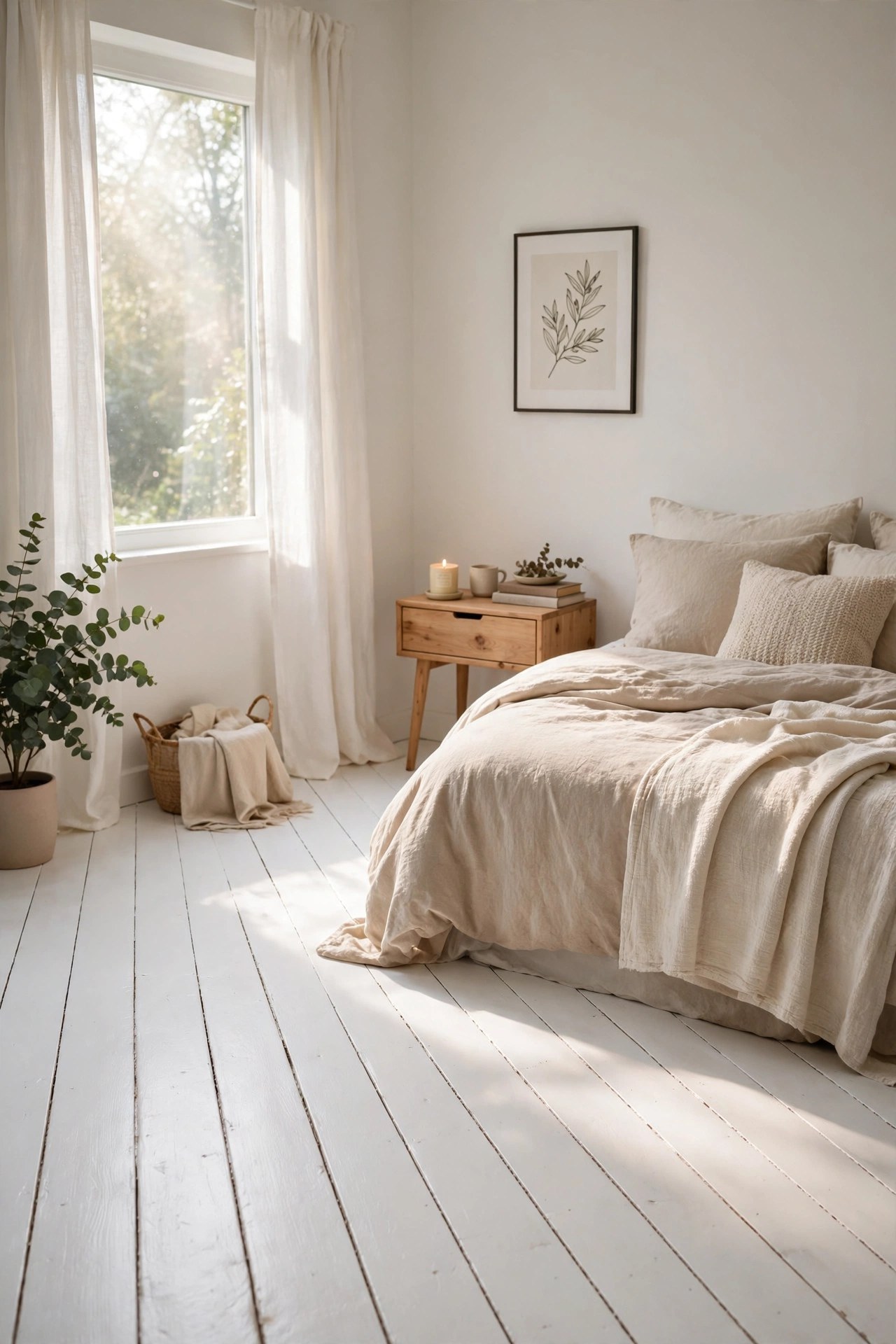 Bedroom with freshly painted white wood plank floors, soft morning light, and simple neutral bedding