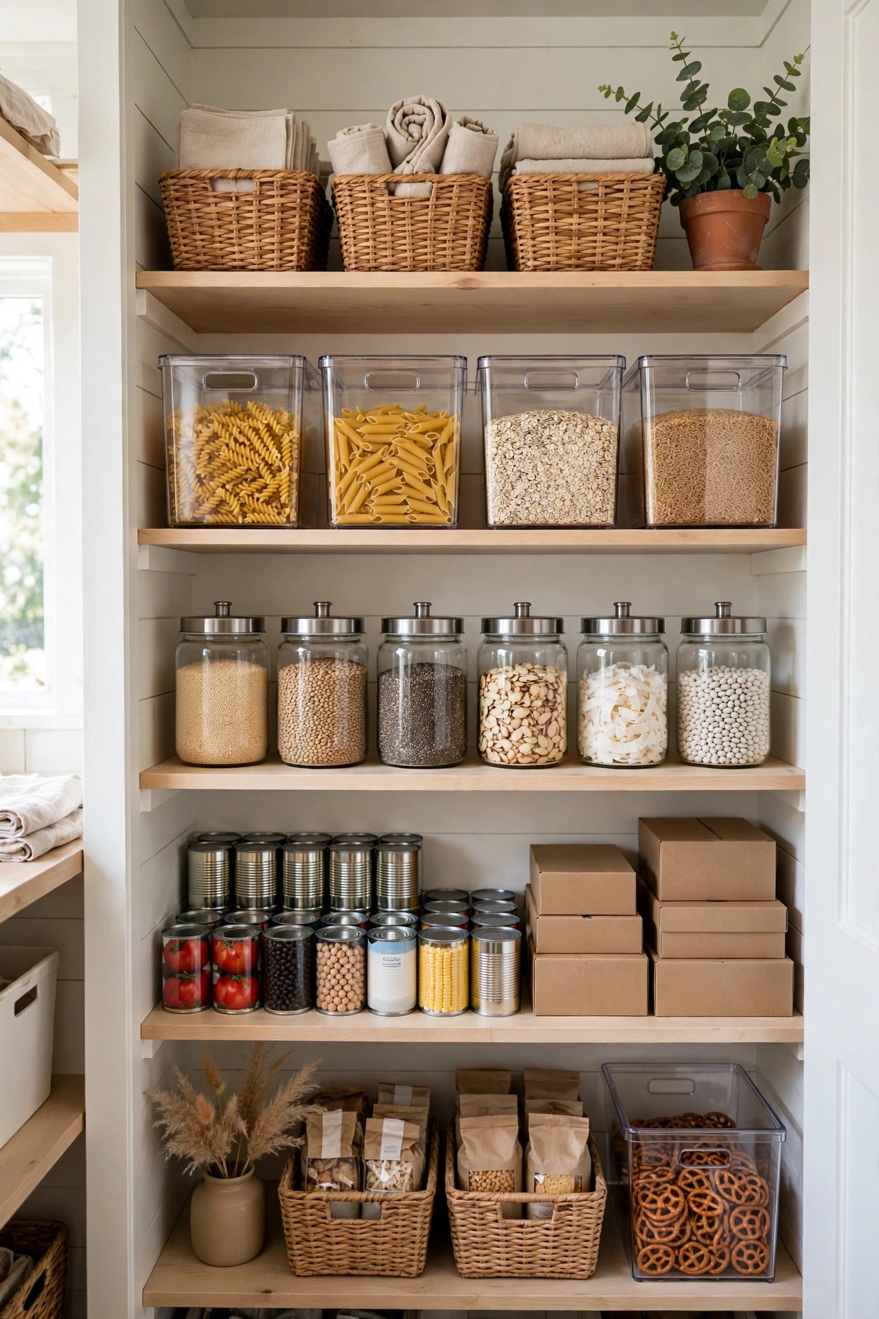 Organized pantry with clear bins, woven baskets, and labeled glass jars on shelves