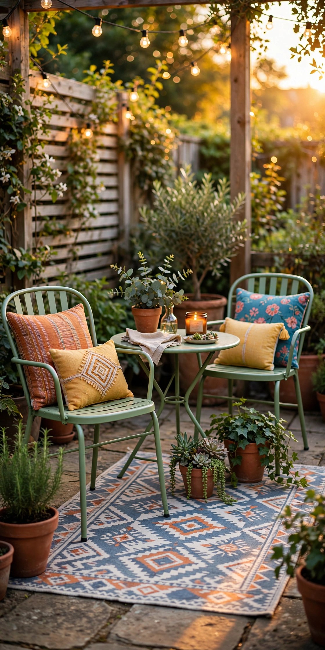 Refreshed small patio at golden hour with outdoor rug, repainted bistro chairs, solar string lights, and potted plants