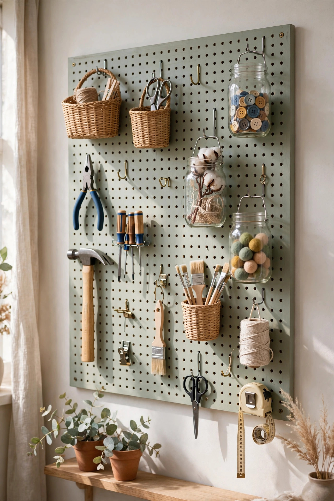 DIY pegboard organizer wall: painted wooden pegboard panel on a craft room wall with tools, small baskets, and jars hanging on metal hooks